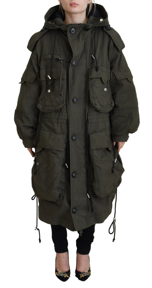 Dsquared² Green Long Parka Coat with Hood and Zip