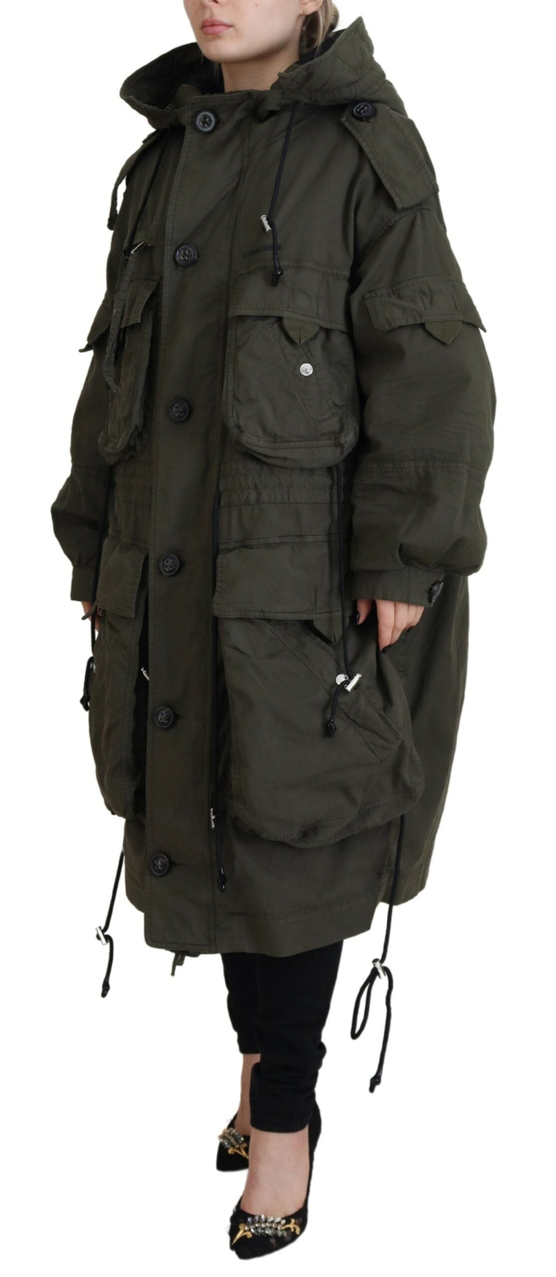 Dsquared² Green Long Parka Coat with Hood and Zip