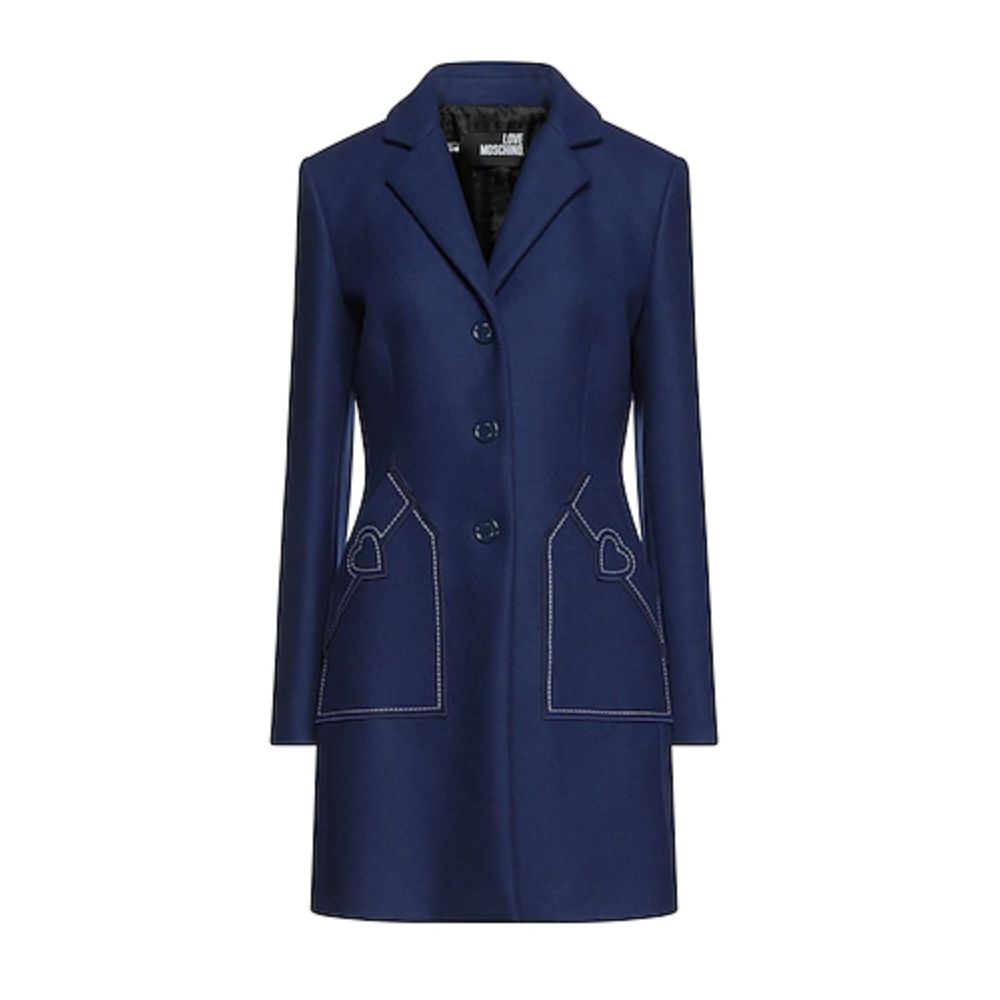 Love Moschino Chic blue wool blend coat with heart embroidery