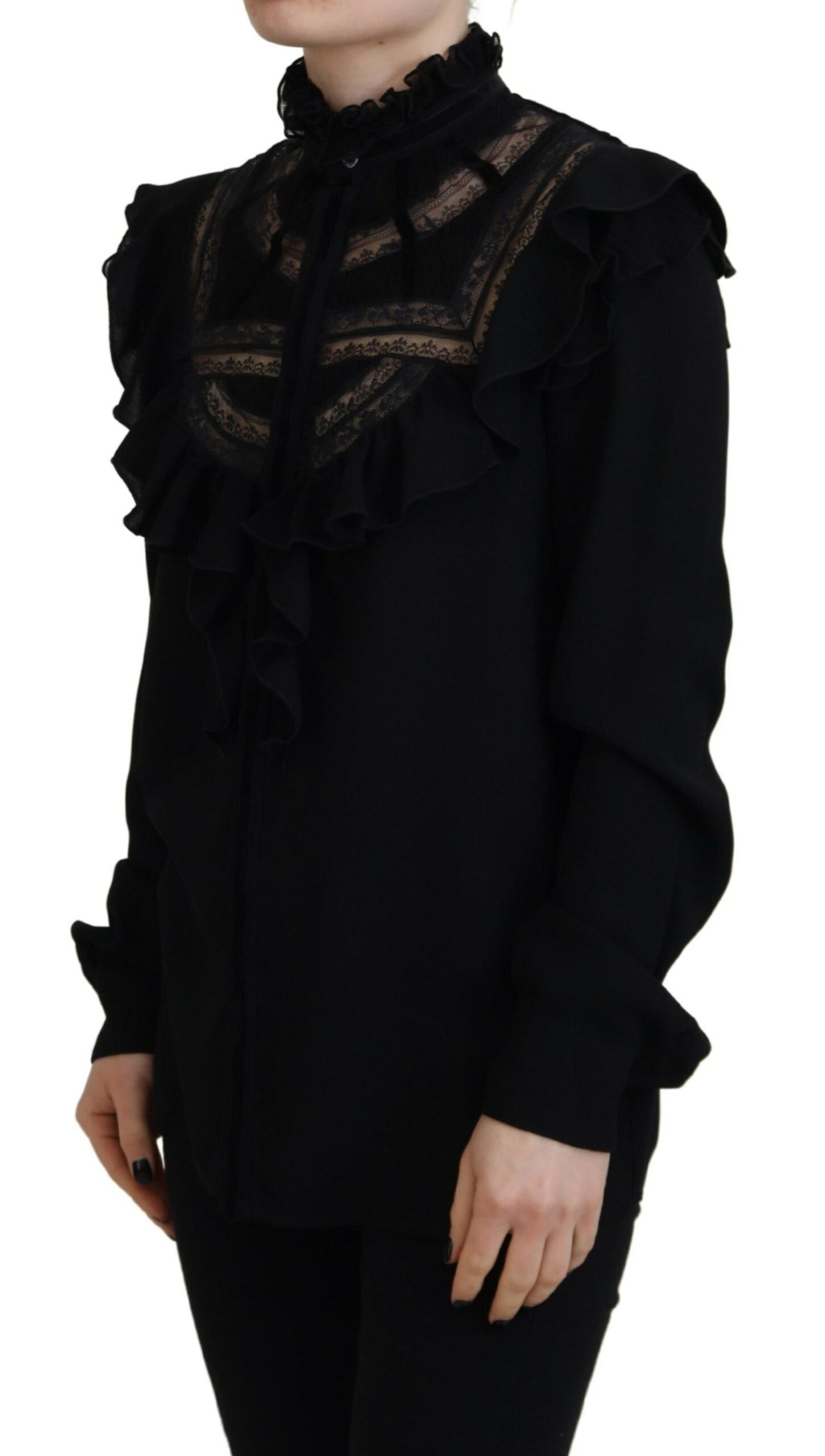 Dsquared² Black turtleneck top with lace trim and long sleeves