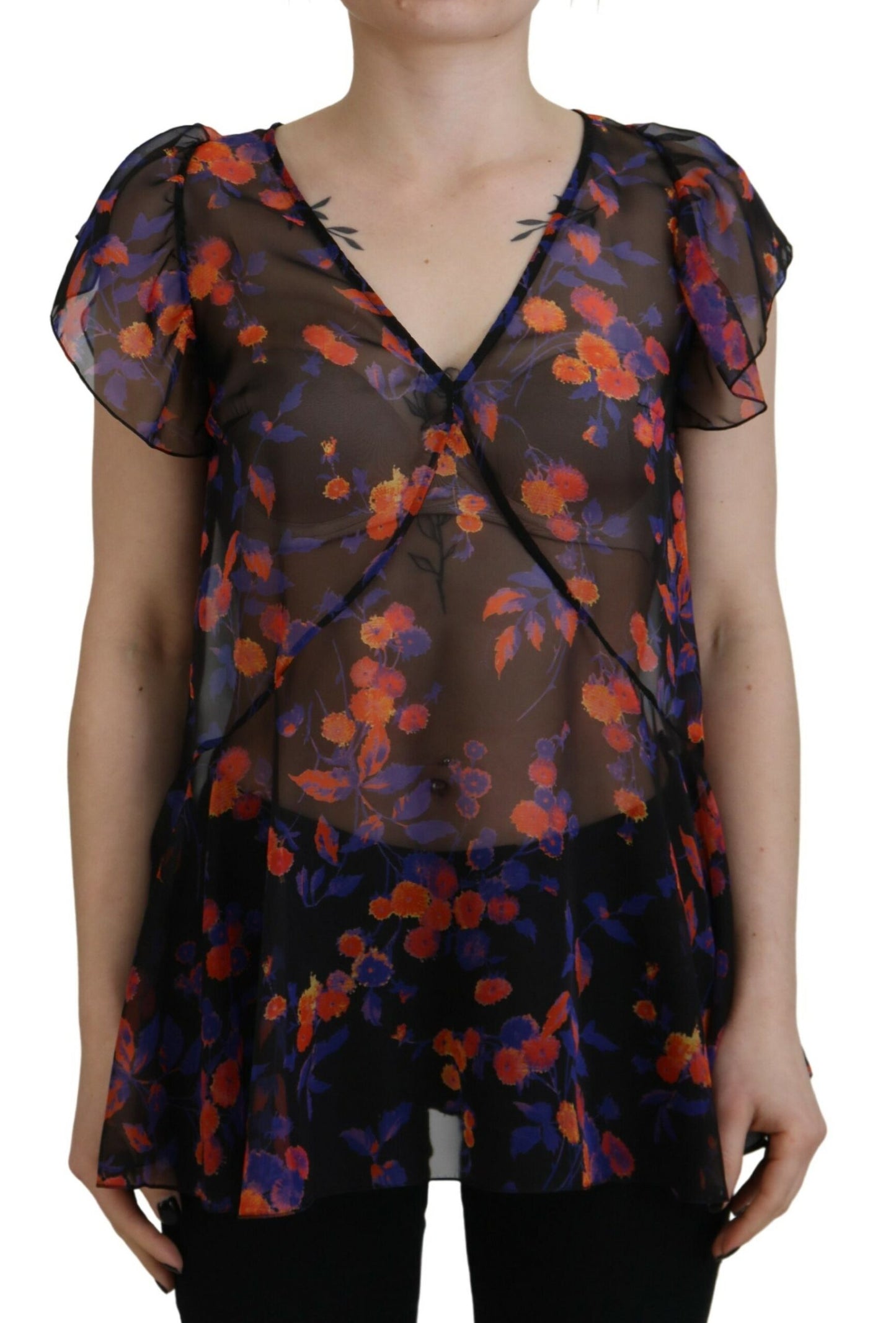 Dsquared² Black Floral Print Short Sleeve V-Neck Blouse Top