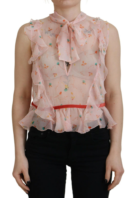 Dsquared² Pink floral silk sleeveless top with ascot collar