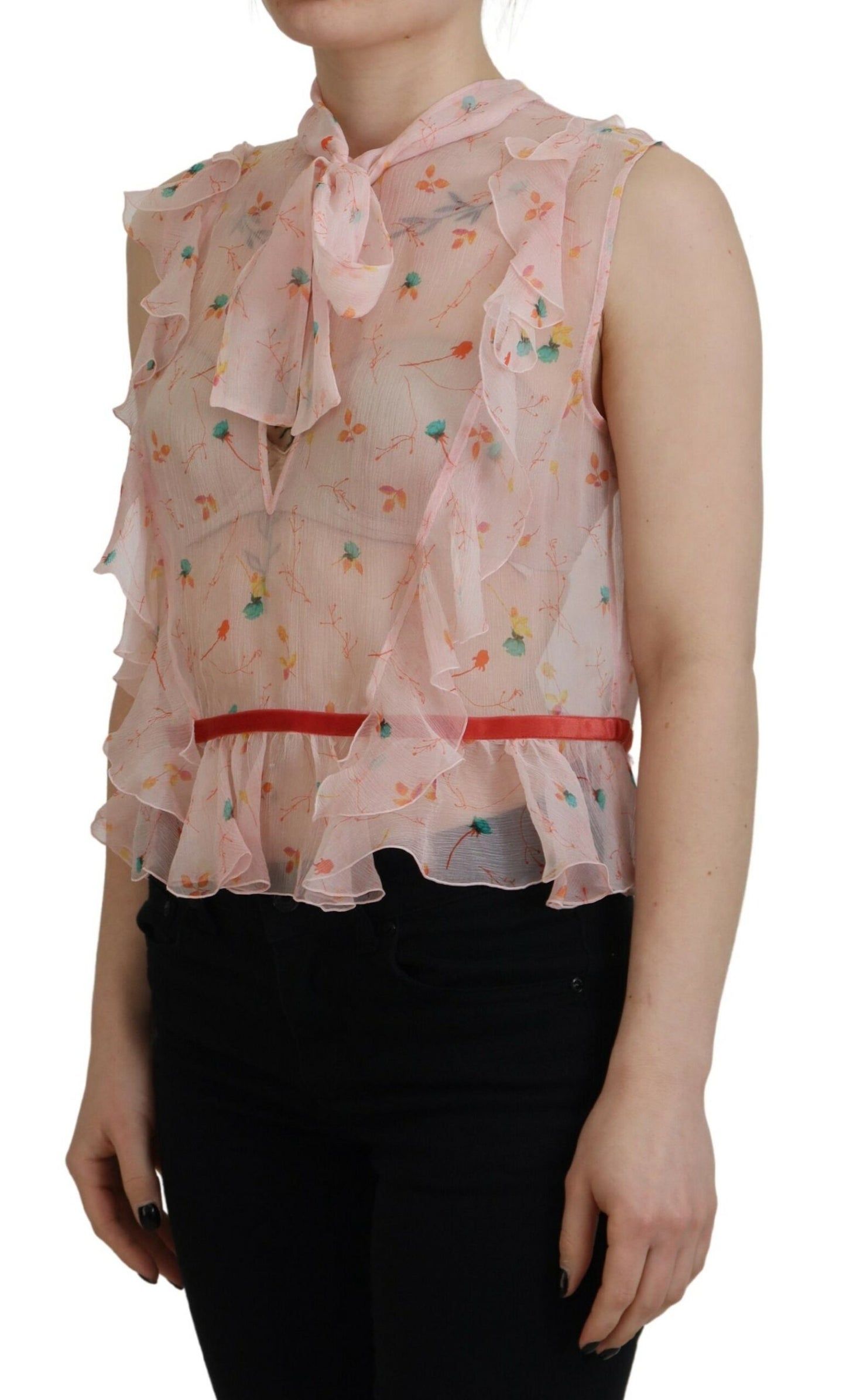 Dsquared² Pink floral silk sleeveless top with ascot collar