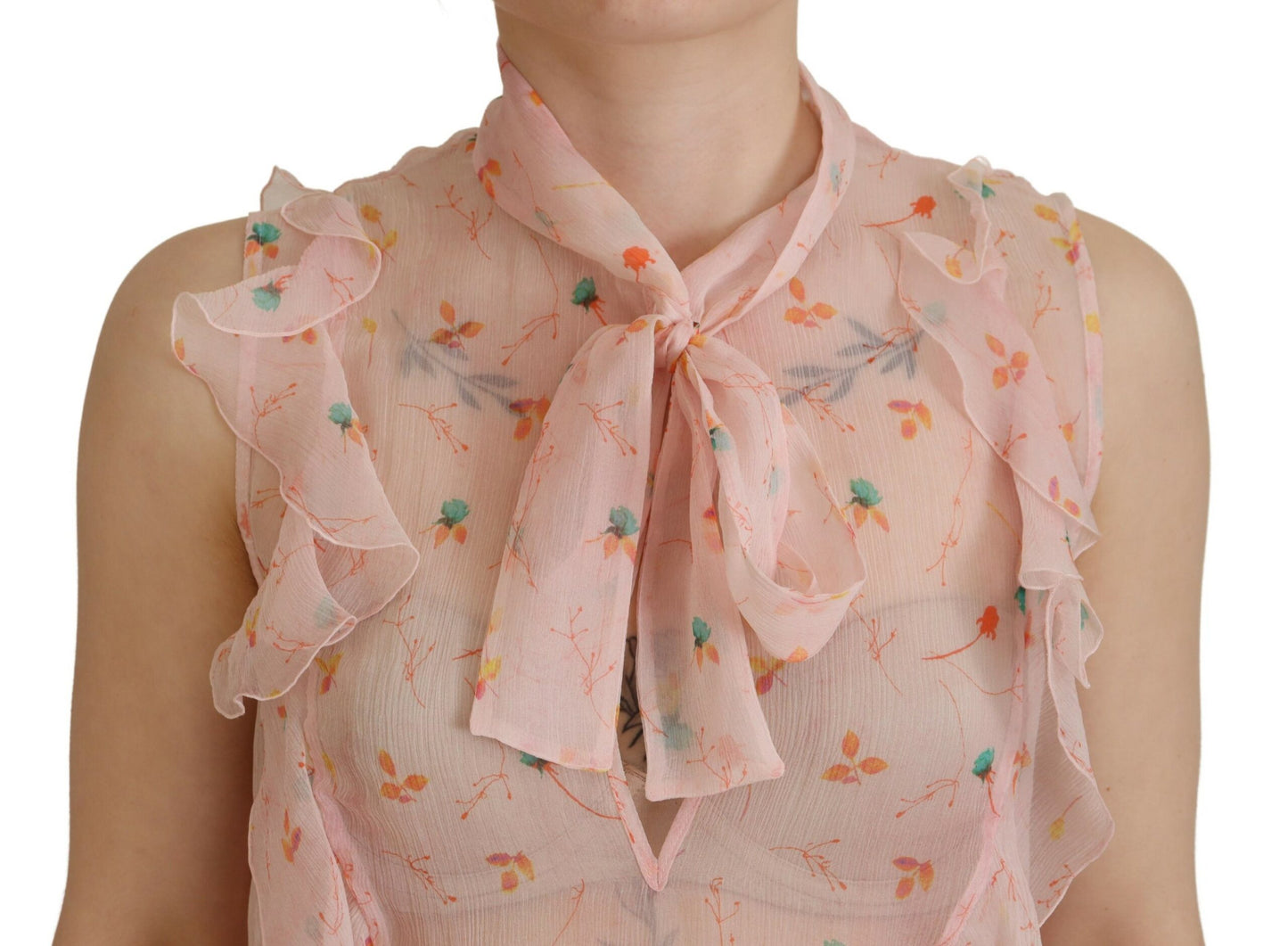 Dsquared² Pink floral silk sleeveless top with ascot collar