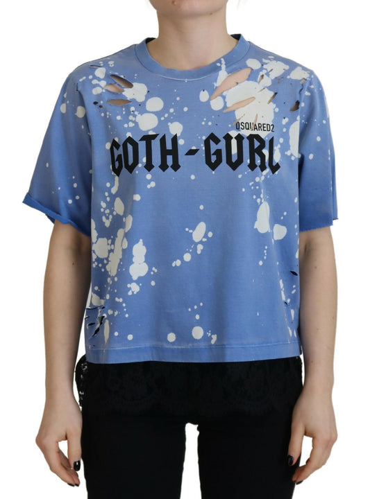 Dsquared² Blue Goth Gurl Print Black Lace Cotton T-shirt