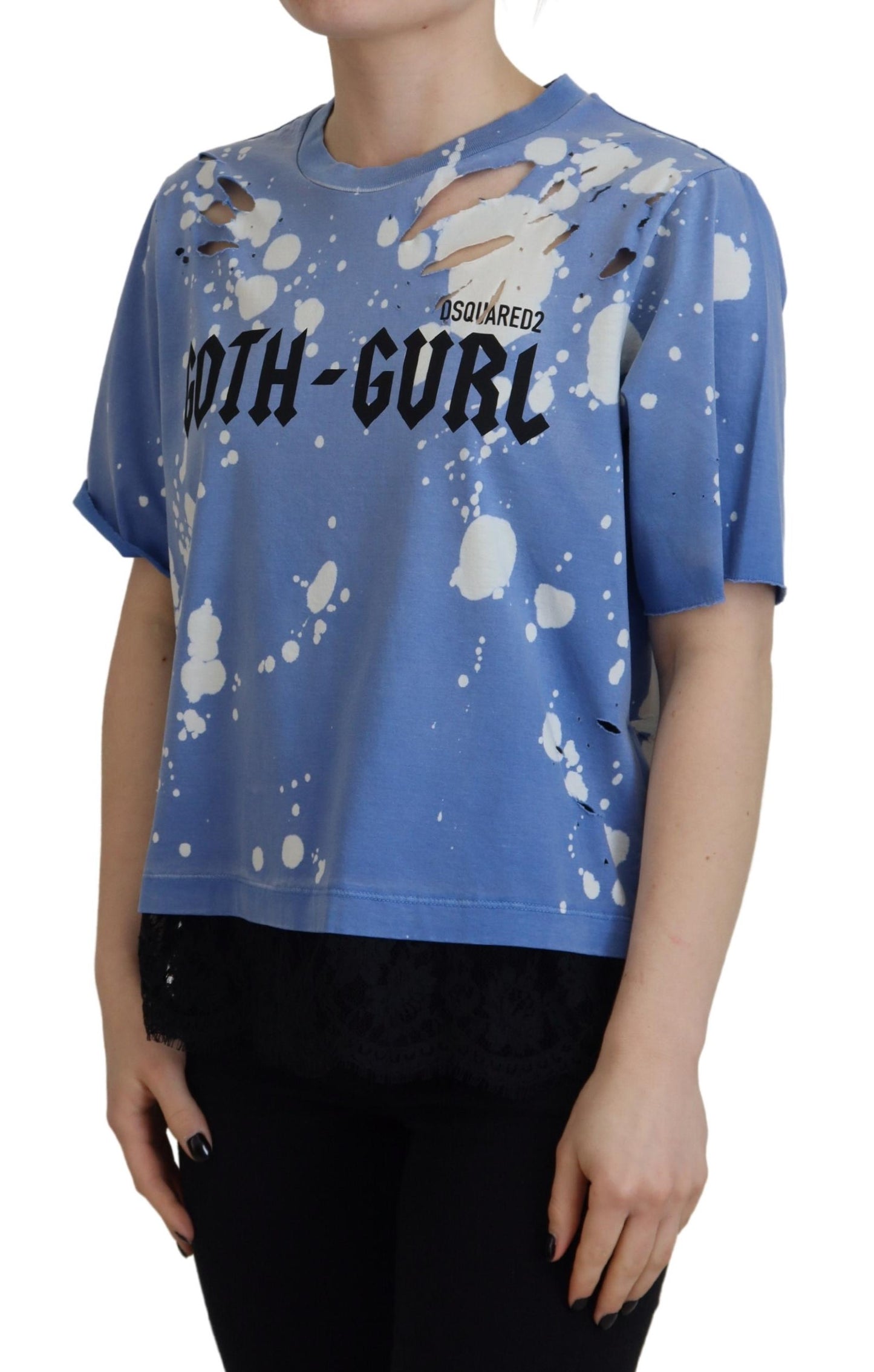 Dsquared² Blue Goth Gurl Print Black Lace Cotton T-shirt