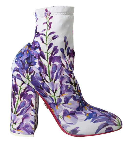 Dolce &amp; Gabbana White Floral Jersey Stretch Boots Shoes