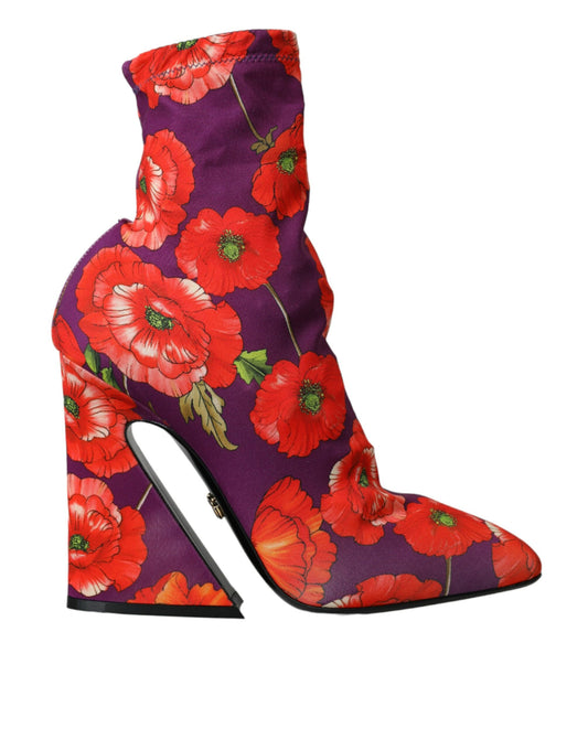 Dolce &amp; Gabbana Purple Floral Jersey Stretch Boots Shoes