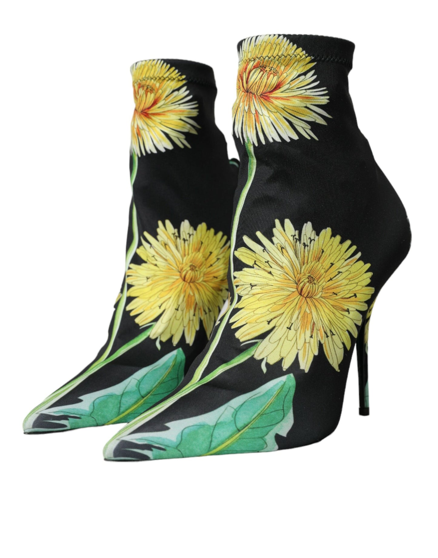 Dolce &amp; Gabbana Black Floral Jersey Stretch Boots Shoes