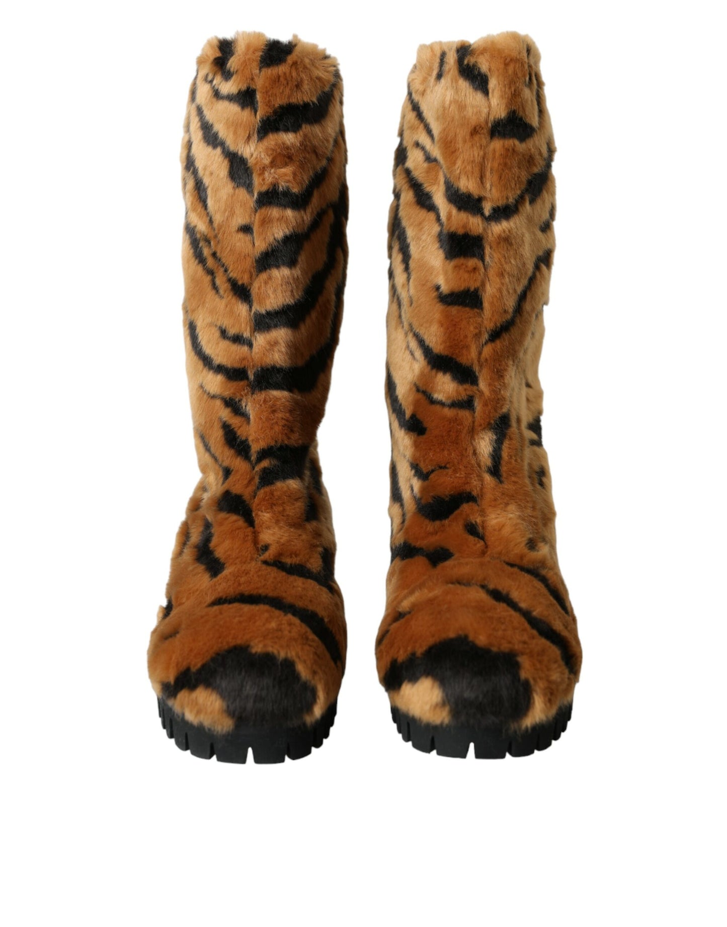 Dolce &amp; Gabbana Brown Tiger Fur Leather Mid Calf Boots Shoes