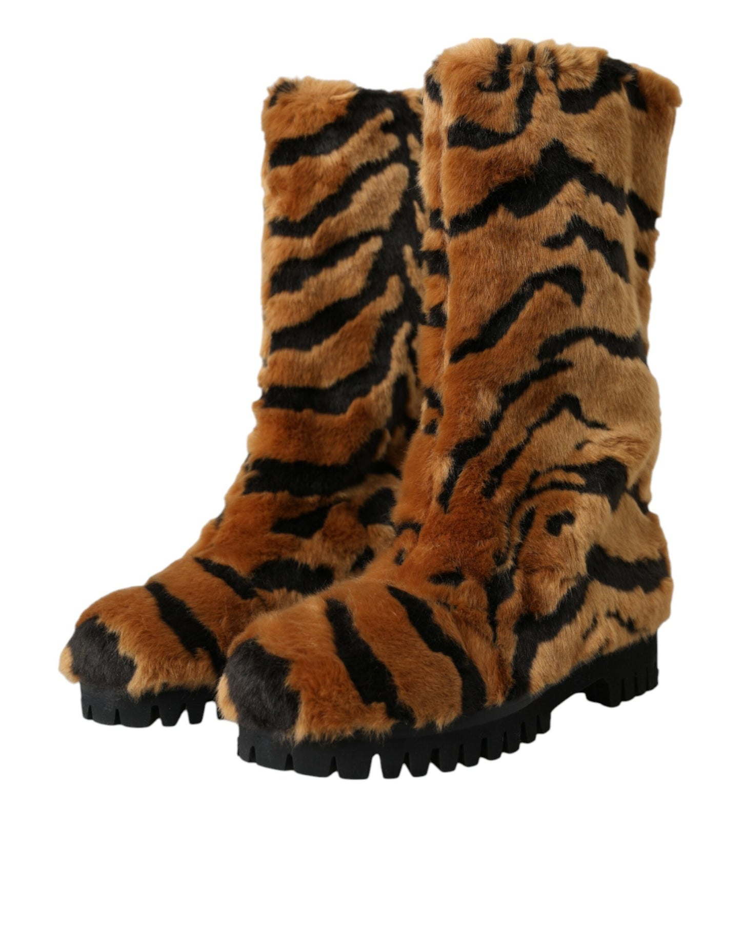 Dolce &amp; Gabbana Brown Tiger Fur Leather Mid Calf Boots Shoes