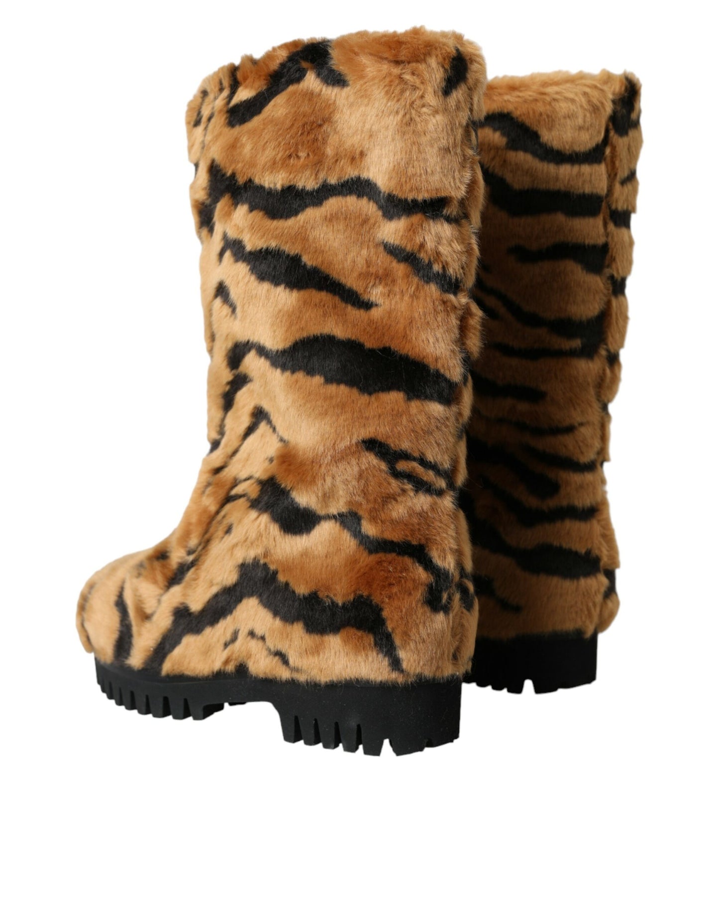 Dolce &amp; Gabbana Brown Tiger Fur Leather Mid Calf Boots Shoes