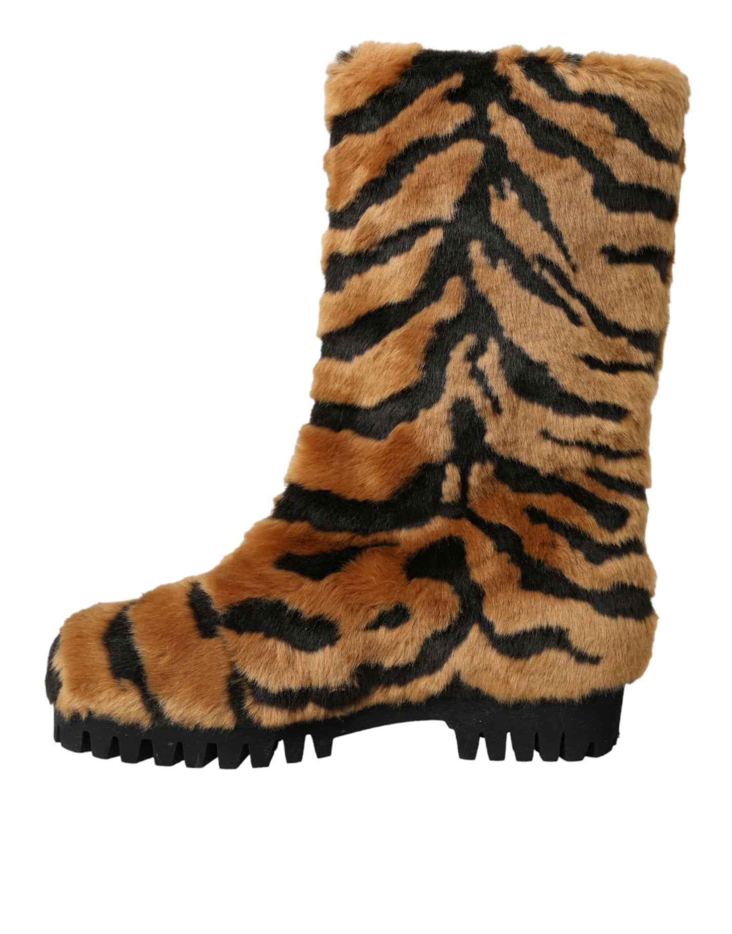 Dolce &amp; Gabbana Brown Tiger Fur Leather Mid Calf Boots Shoes