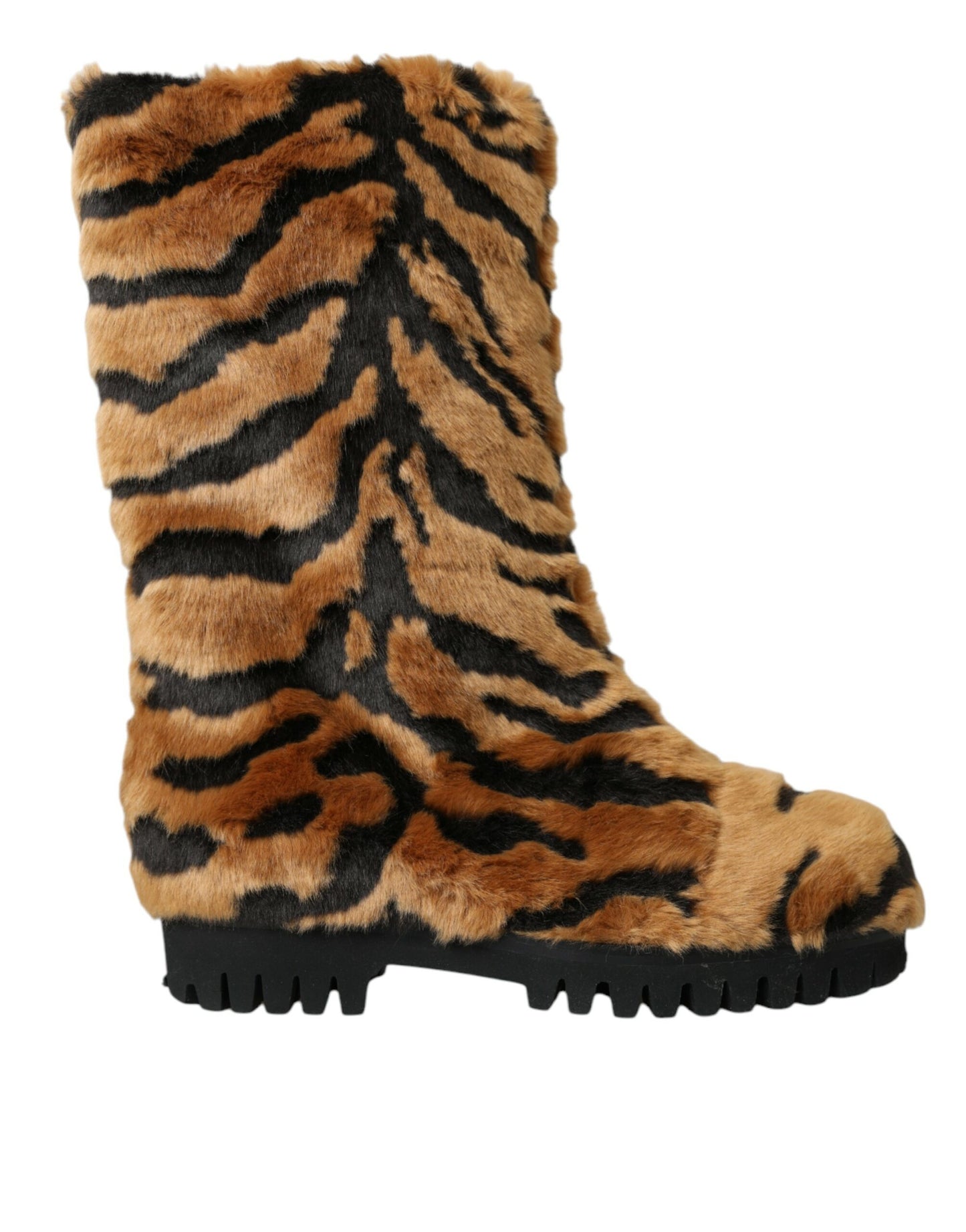 Dolce &amp; Gabbana Brown Tiger Fur Leather Mid Calf Boots Shoes