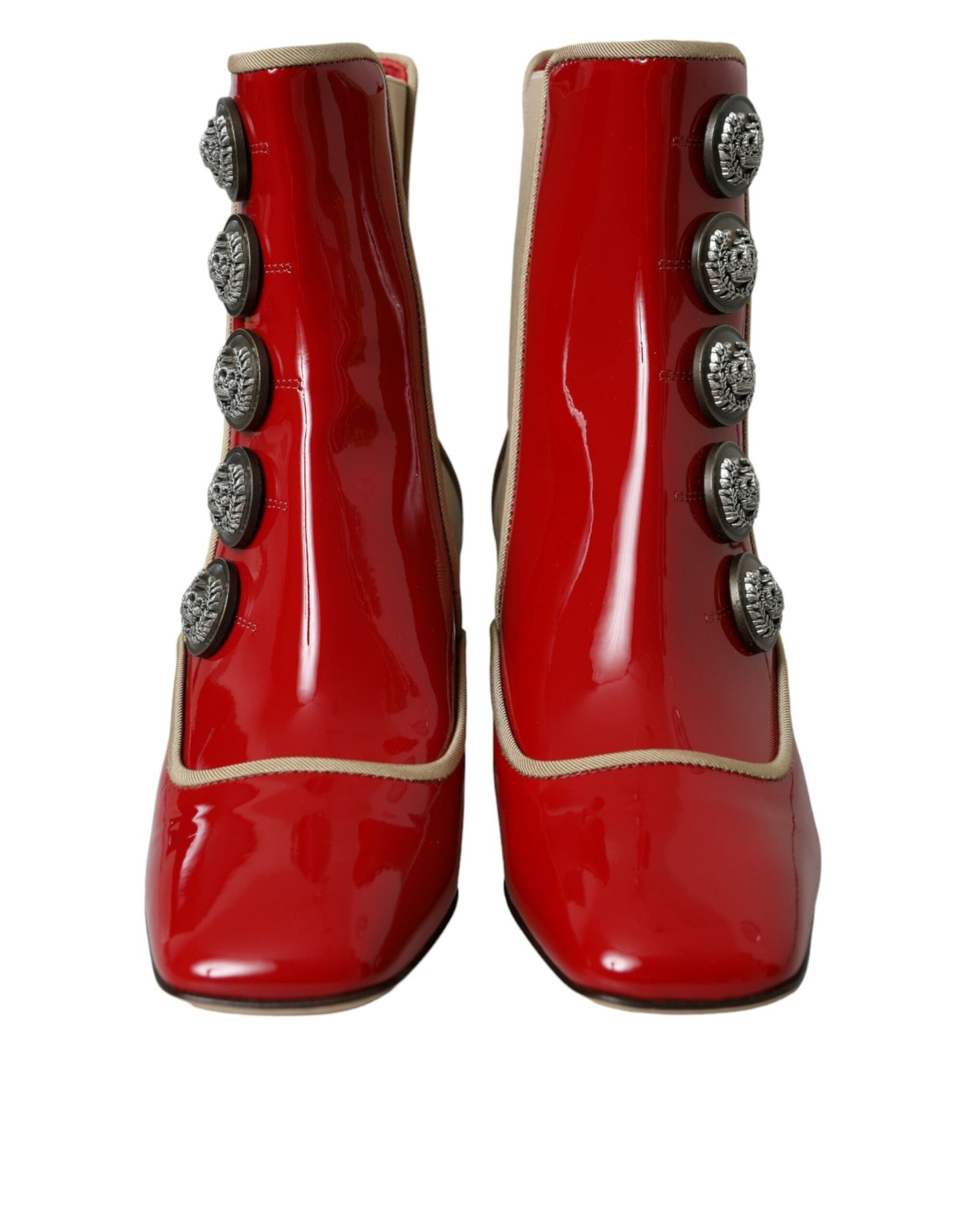 Dolce &amp; Gabbana Red Beige Leather Embellished Mid Calf Boots Shoes