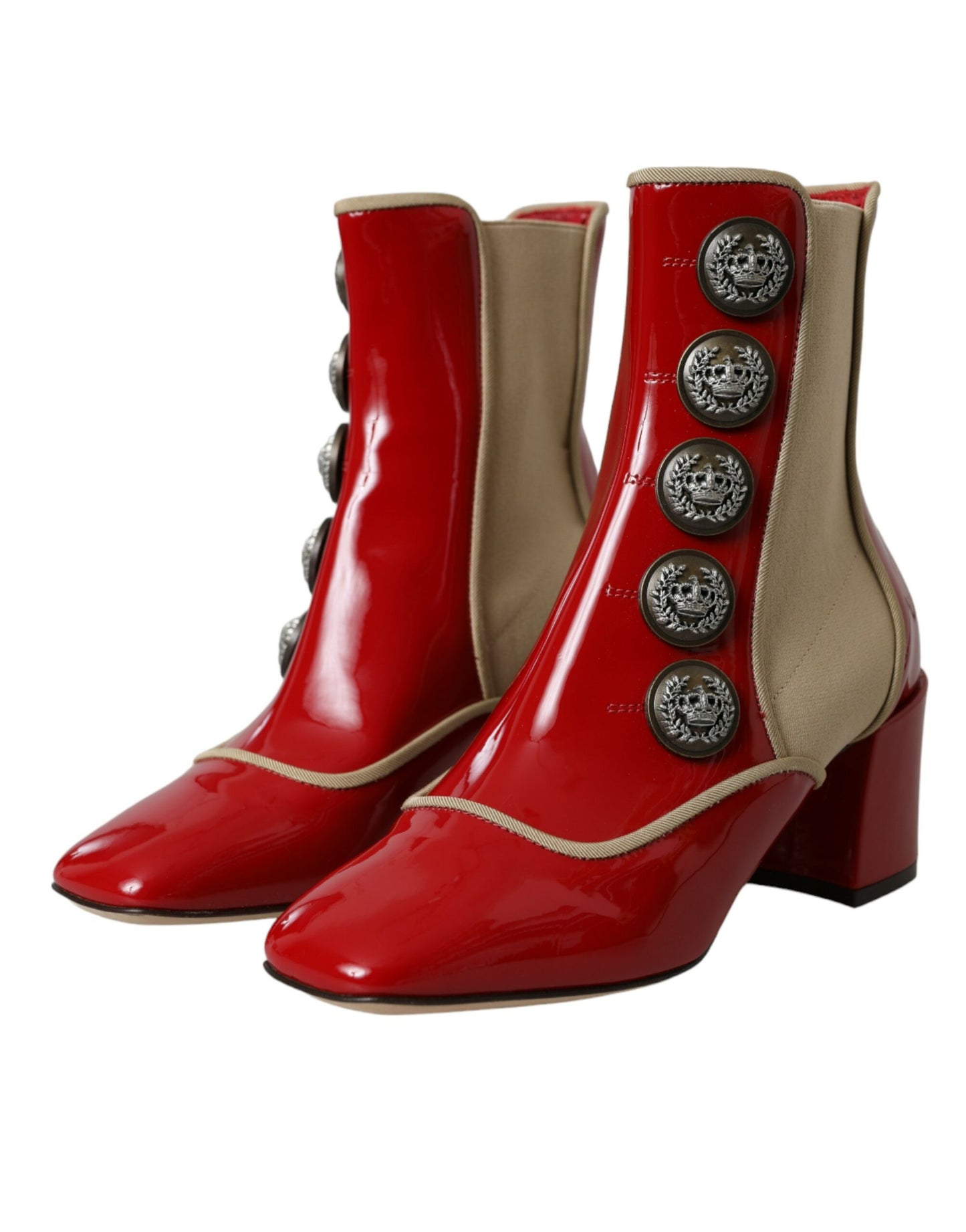 Dolce &amp; Gabbana Red Beige Leather Embellished Mid Calf Boots Shoes