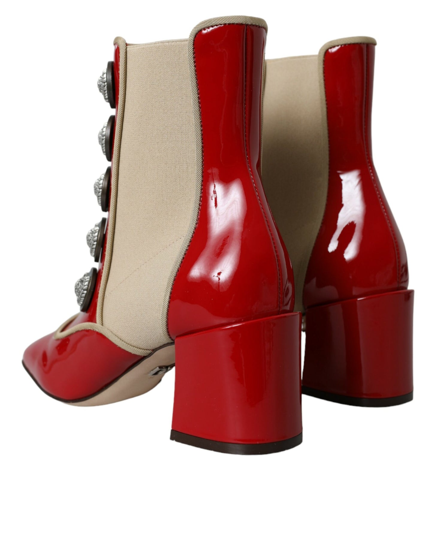 Dolce &amp; Gabbana Red Beige Leather Embellished Mid Calf Boots Shoes