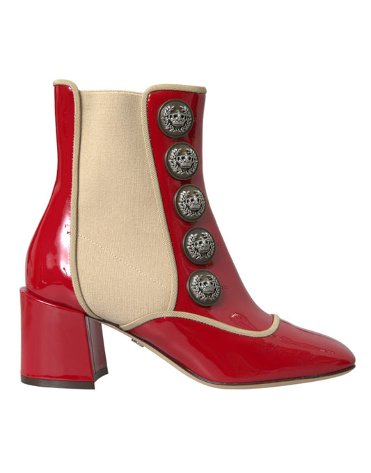 Dolce &amp; Gabbana Red Beige Leather Embellished Mid Calf Boots Shoes