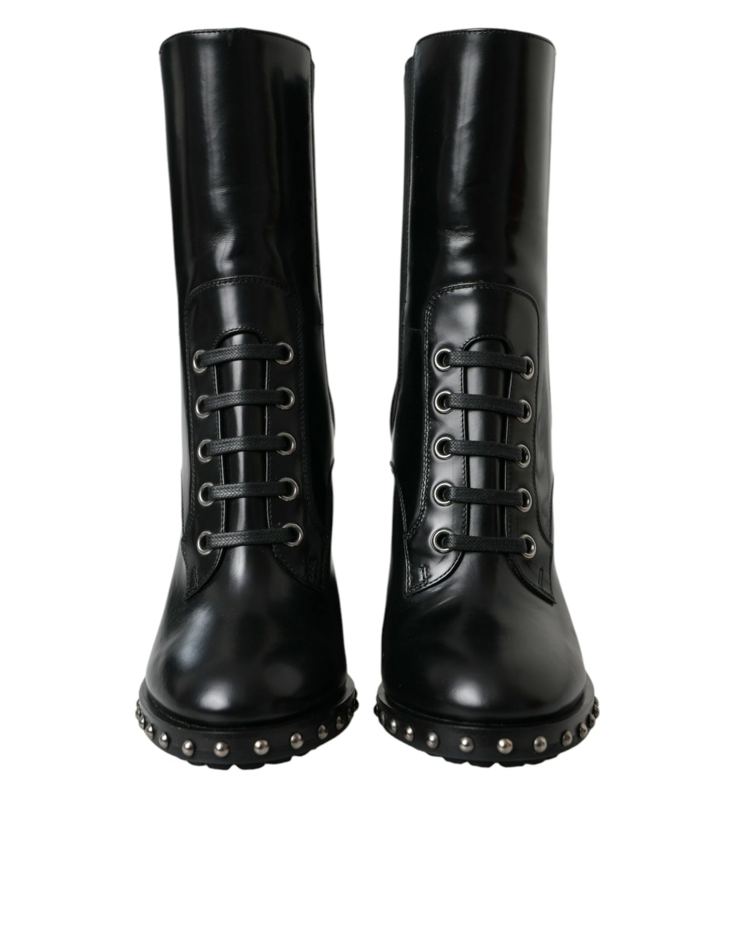 Dolce &amp; Gabbana Black Leather Studded Lace Up Boots Shoes