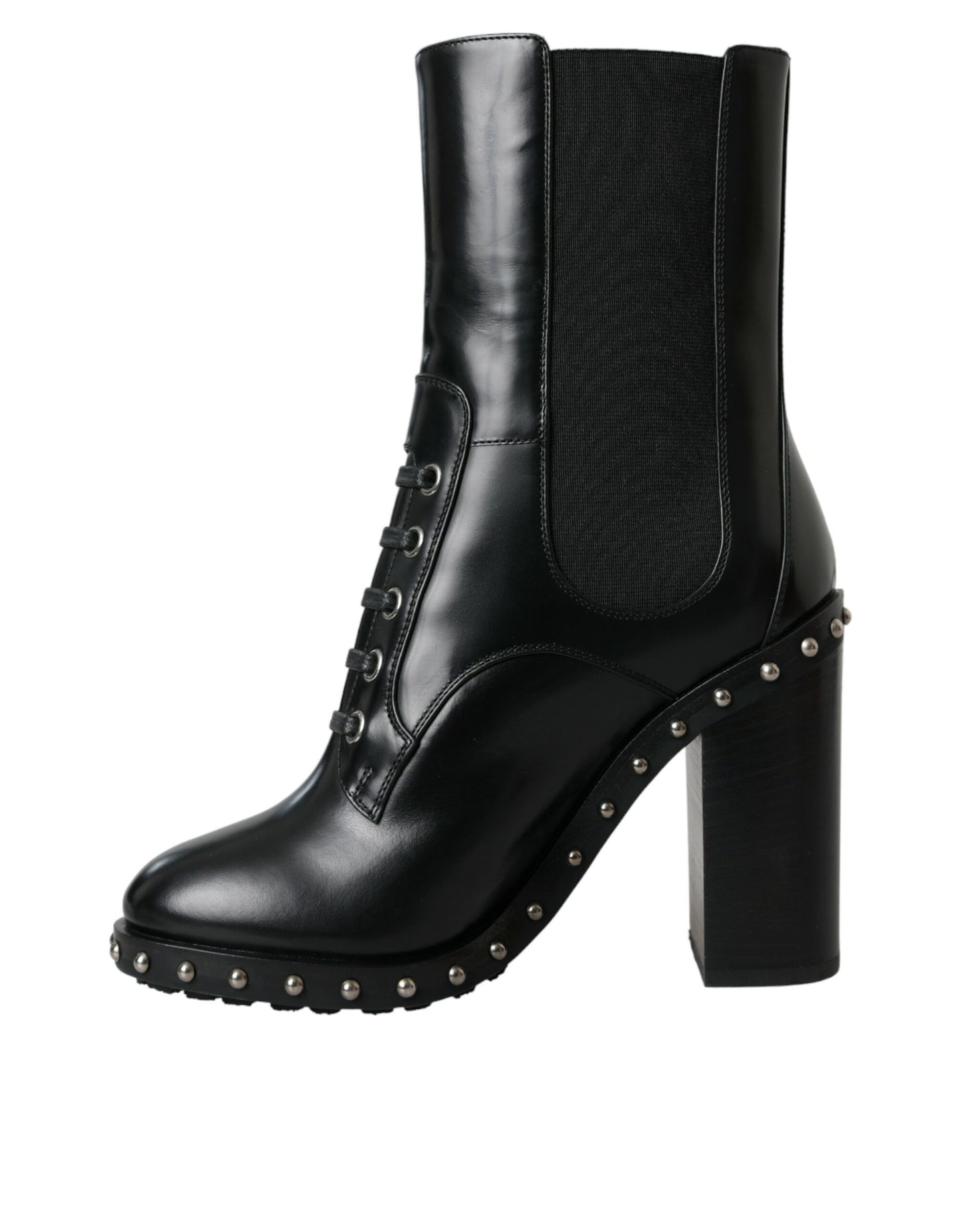 Dolce &amp; Gabbana Black Leather Studded Lace Up Boots Shoes