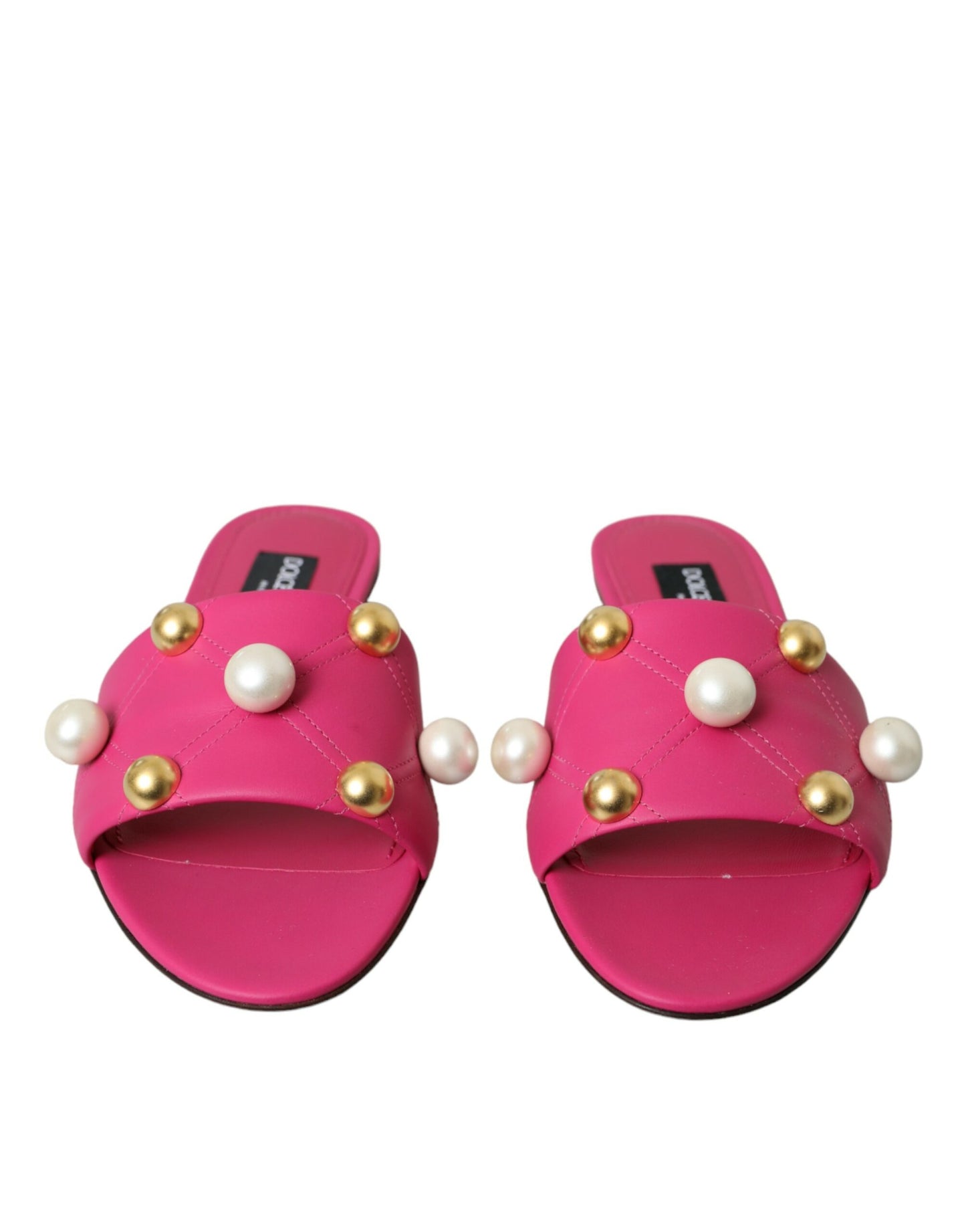 Dolce &amp; Gabbana Pink Embellished Leather Flats Sandals Shoes