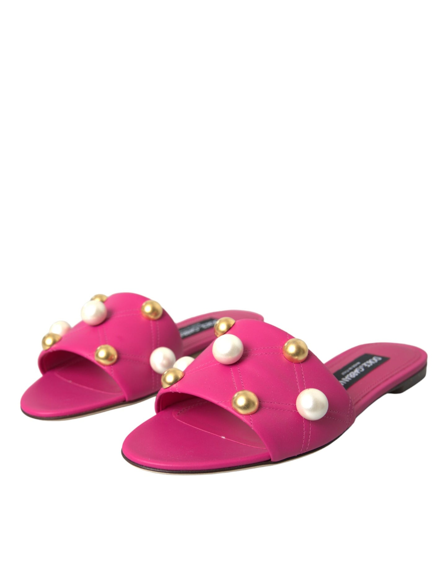 Dolce &amp; Gabbana Pink Embellished Leather Flats Sandals Shoes