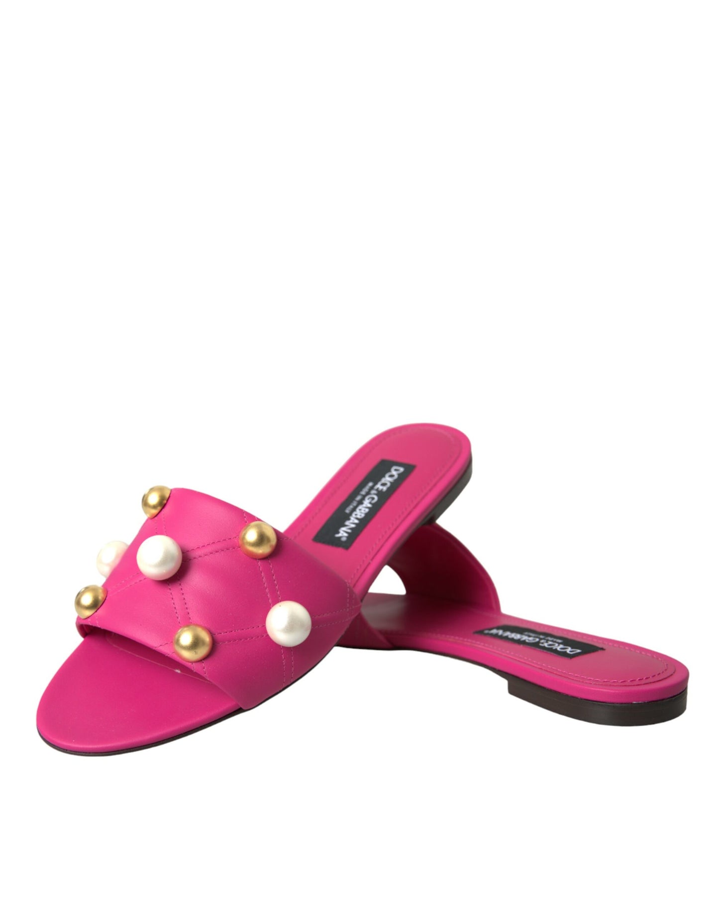 Dolce &amp; Gabbana Pink Embellished Leather Flats Sandals Shoes