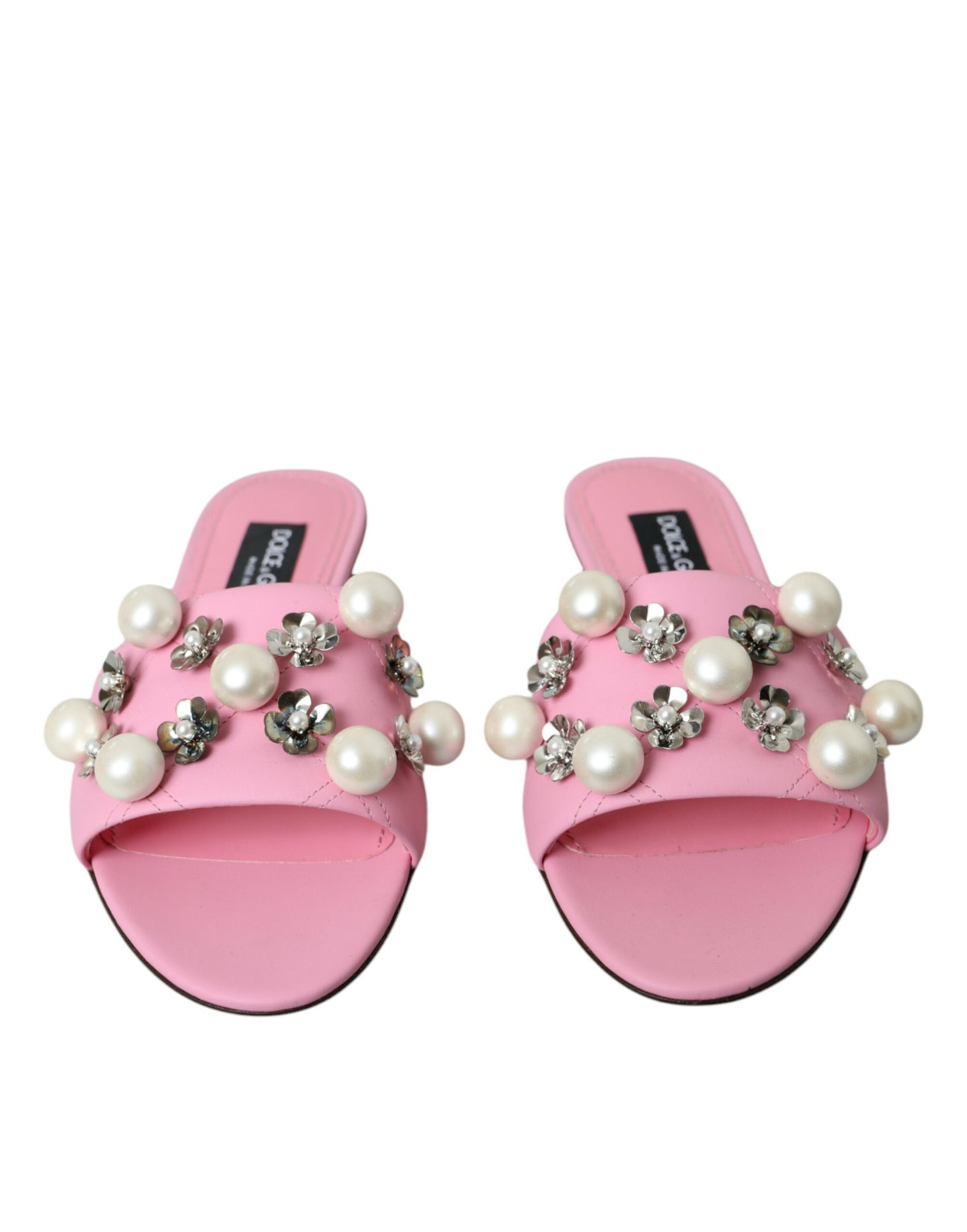 Dolce &amp; Gabbana Pink Embellished Leather Flats Sandals Shoes