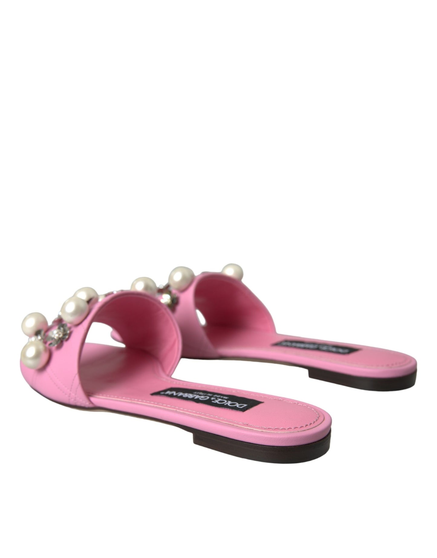 Dolce &amp; Gabbana Pink Embellished Leather Flats Sandals Shoes