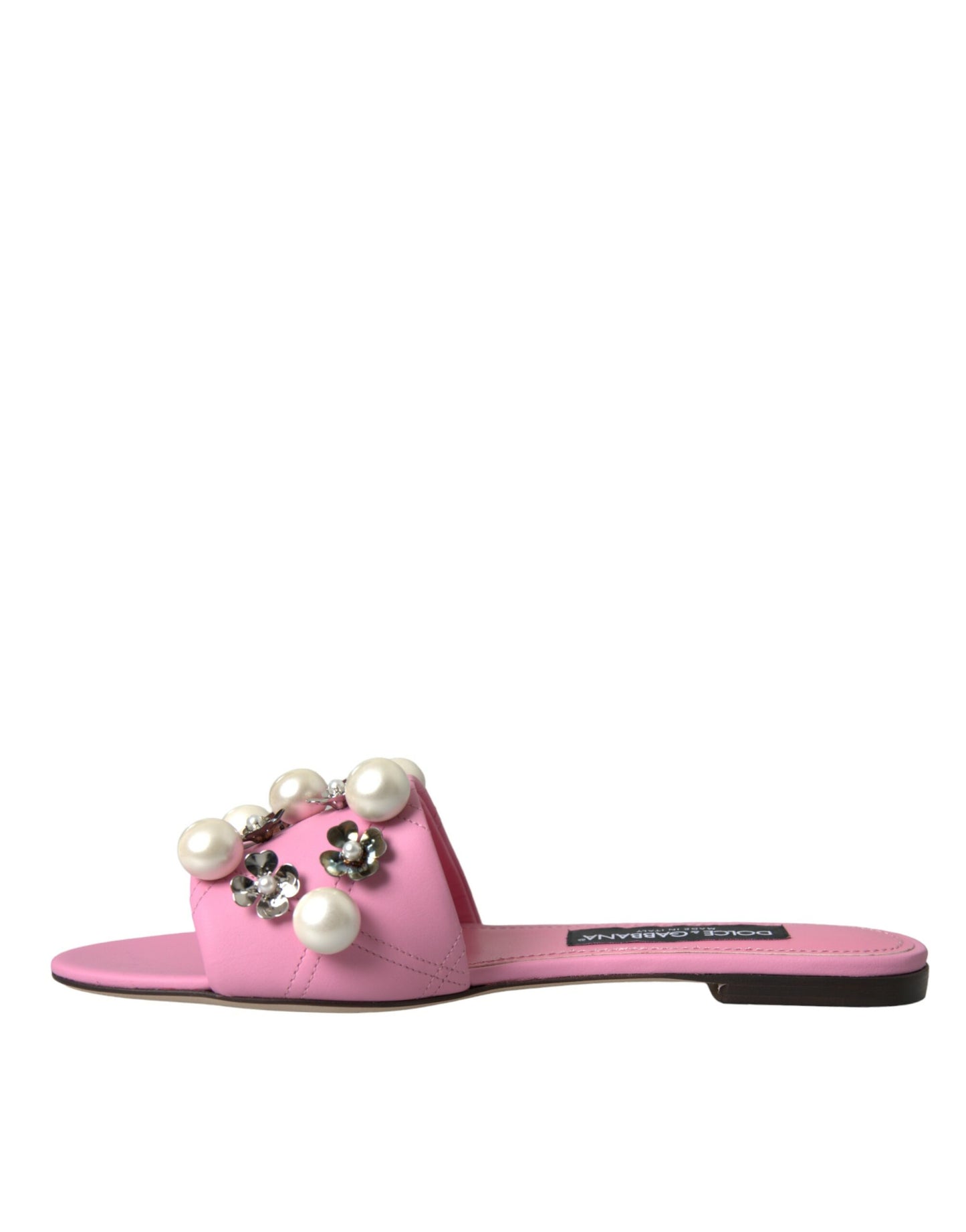 Dolce &amp; Gabbana Pink Embellished Leather Flats Sandals Shoes