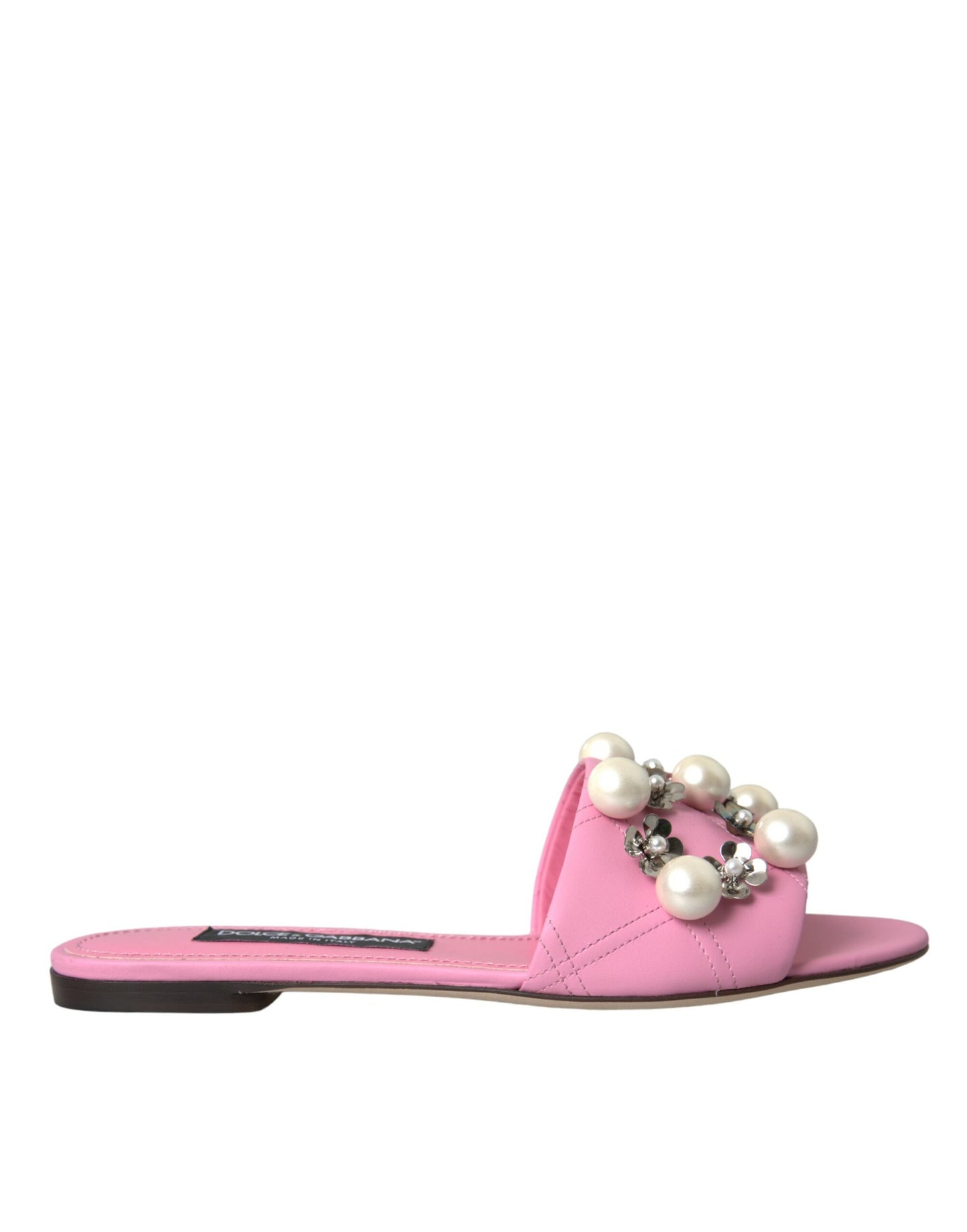 Dolce &amp; Gabbana Pink Embellished Leather Flats Sandals Shoes