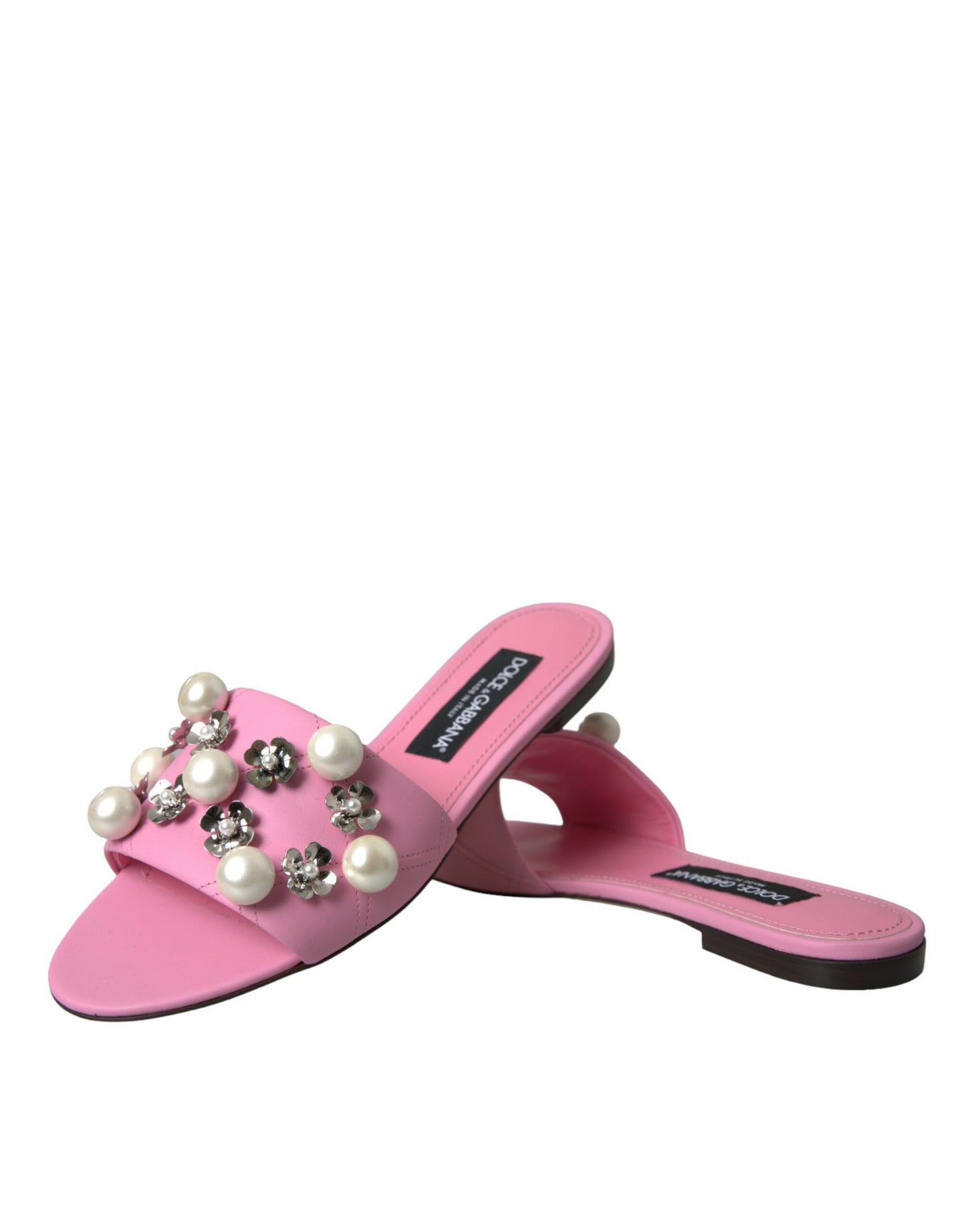 Dolce &amp; Gabbana Pink Embellished Leather Flats Sandals Shoes