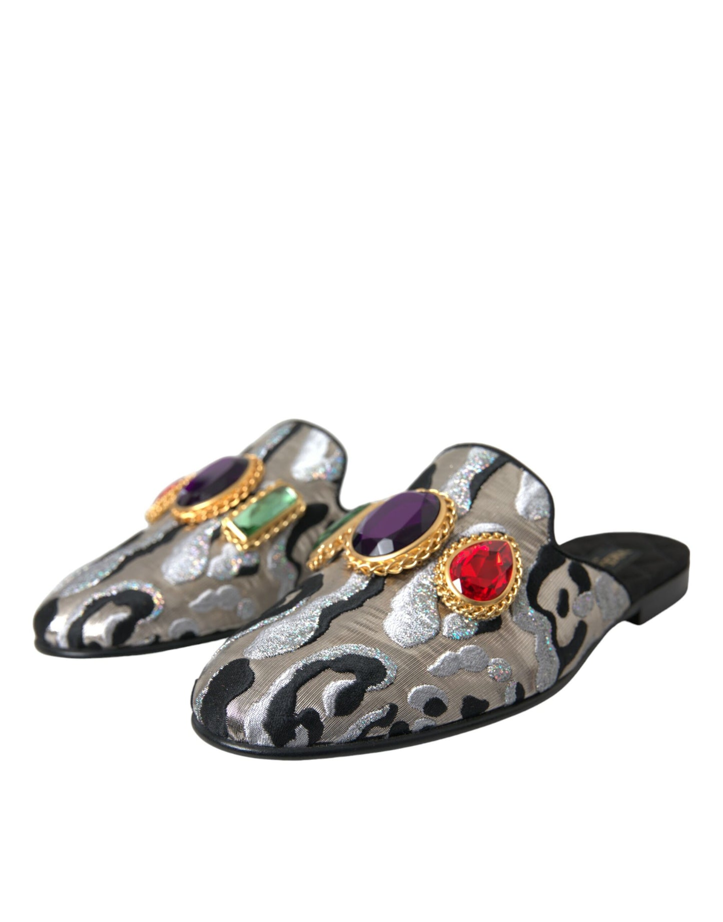 Dolce &amp; Gabbana Grey Jacquard Crystal Mules Flat Sandals Shoes