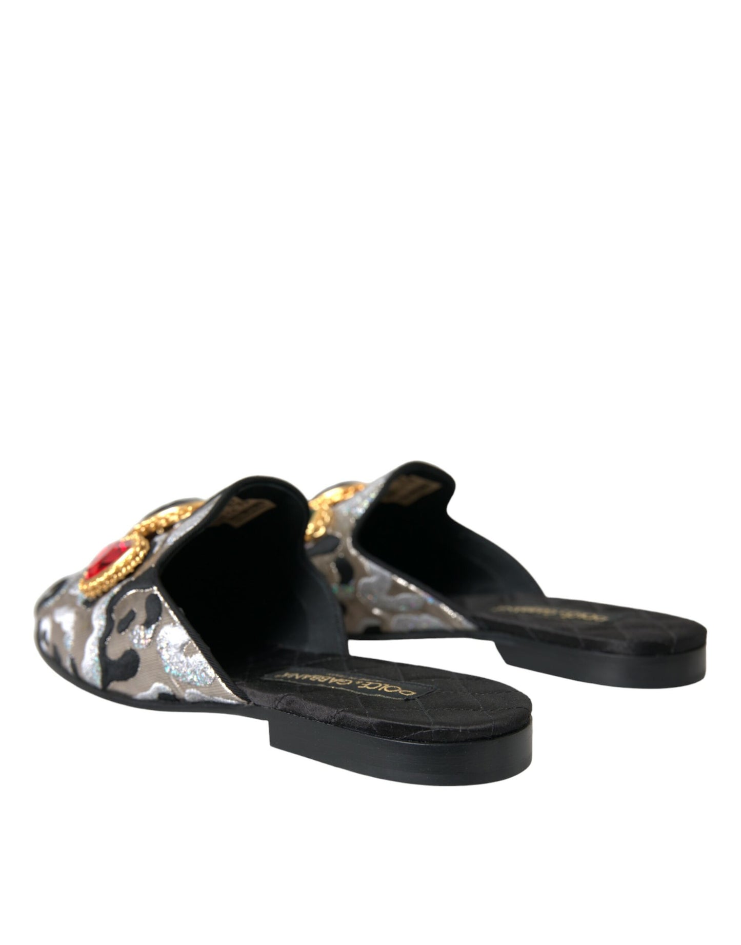 Dolce &amp; Gabbana Grey Jacquard Crystal Mules Flat Sandals Shoes