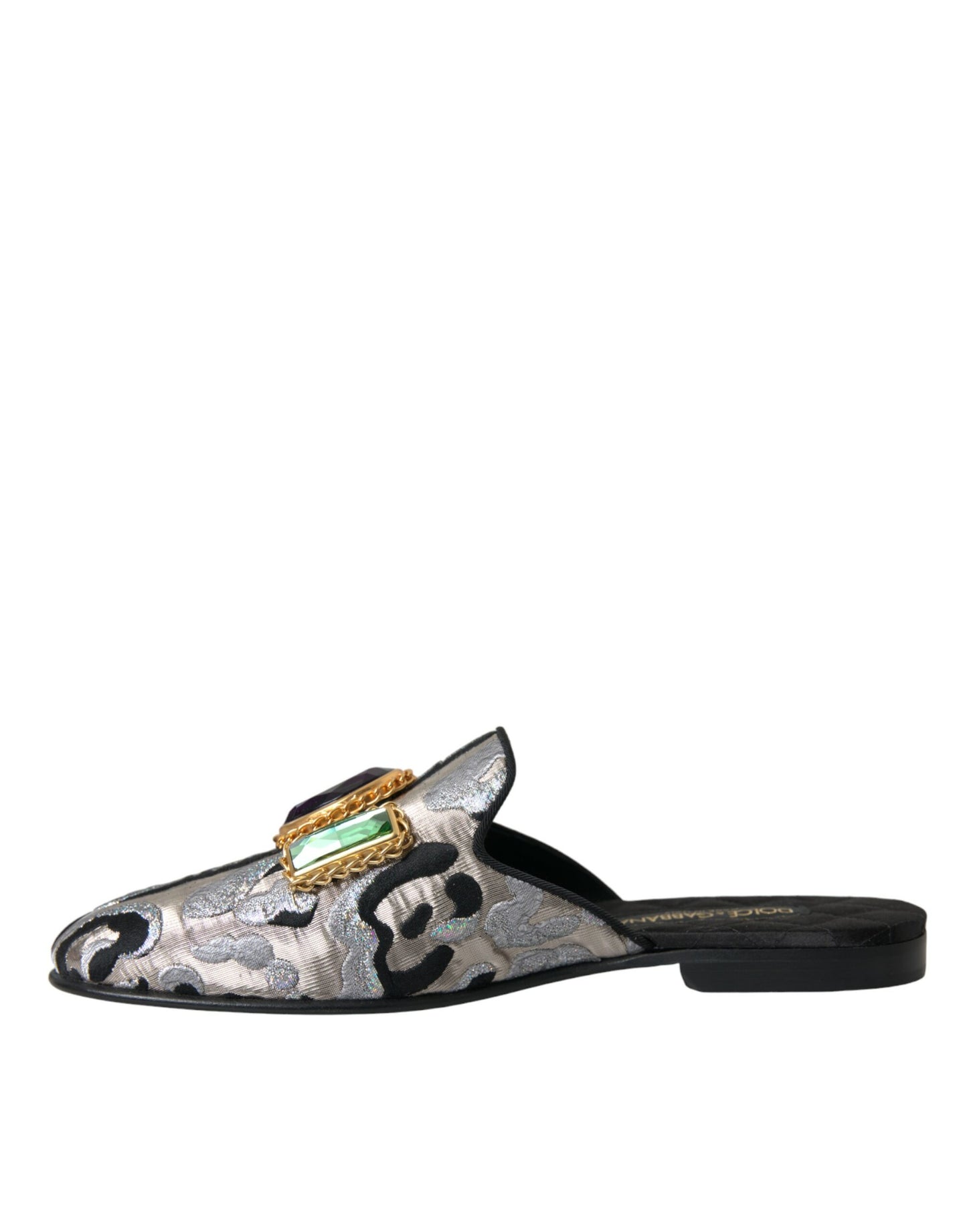 Dolce &amp; Gabbana Grey Jacquard Crystal Mules Flat Sandals Shoes