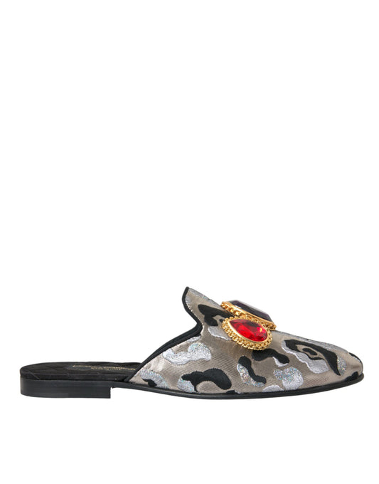 Dolce &amp; Gabbana Grey Jacquard Crystal Mules Flat Sandals Shoes