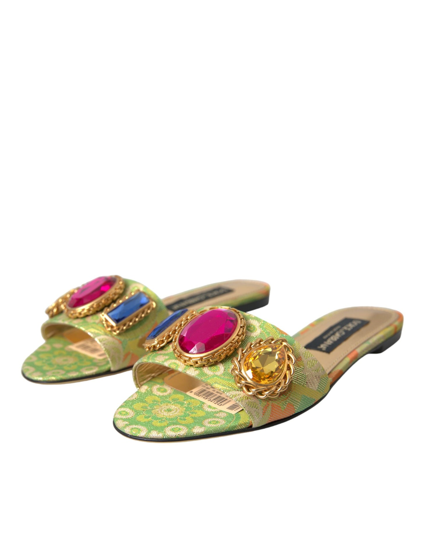 Dolce &amp; Gabbana Green Crystal Jacquard Flats Sandals Shoes