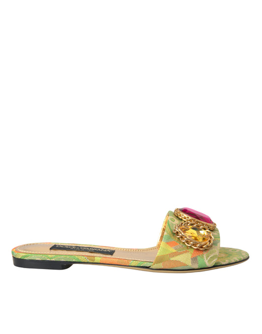 Dolce &amp; Gabbana Green Crystal Jacquard Flats Sandals Shoes