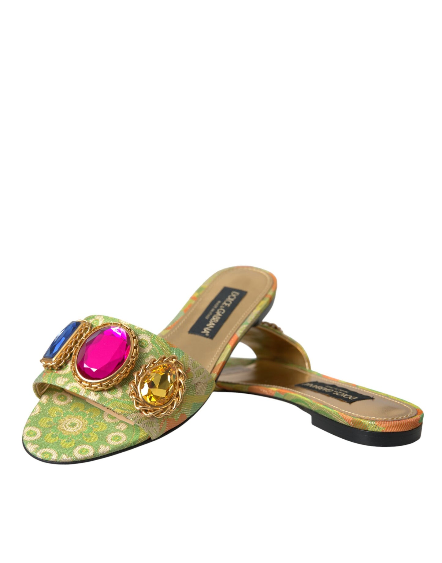 Dolce &amp; Gabbana Green Crystal Jacquard Flats Sandals Shoes