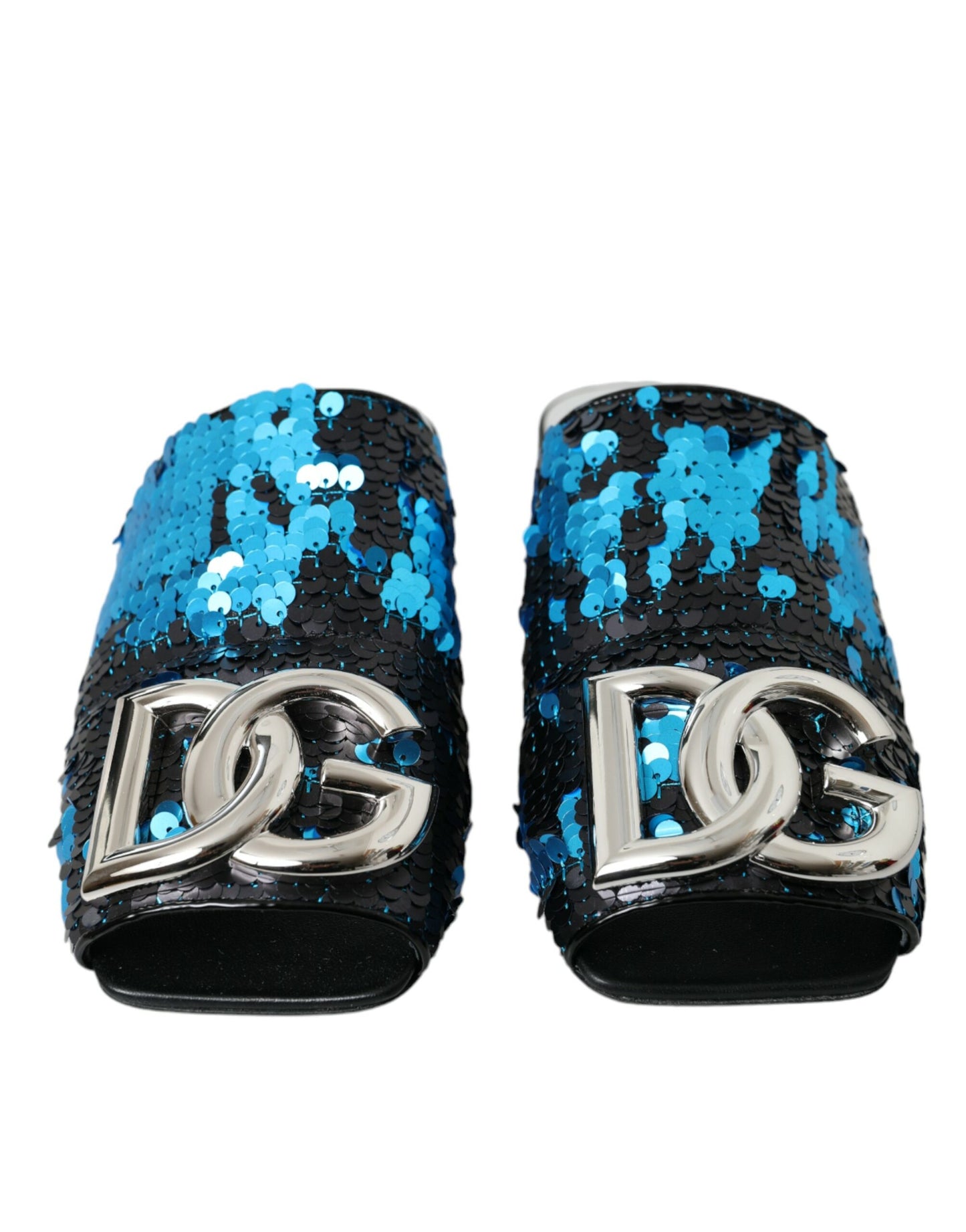 Dolce &amp; Gabbana Blue Sequin Logo Slide Sandals Shoes