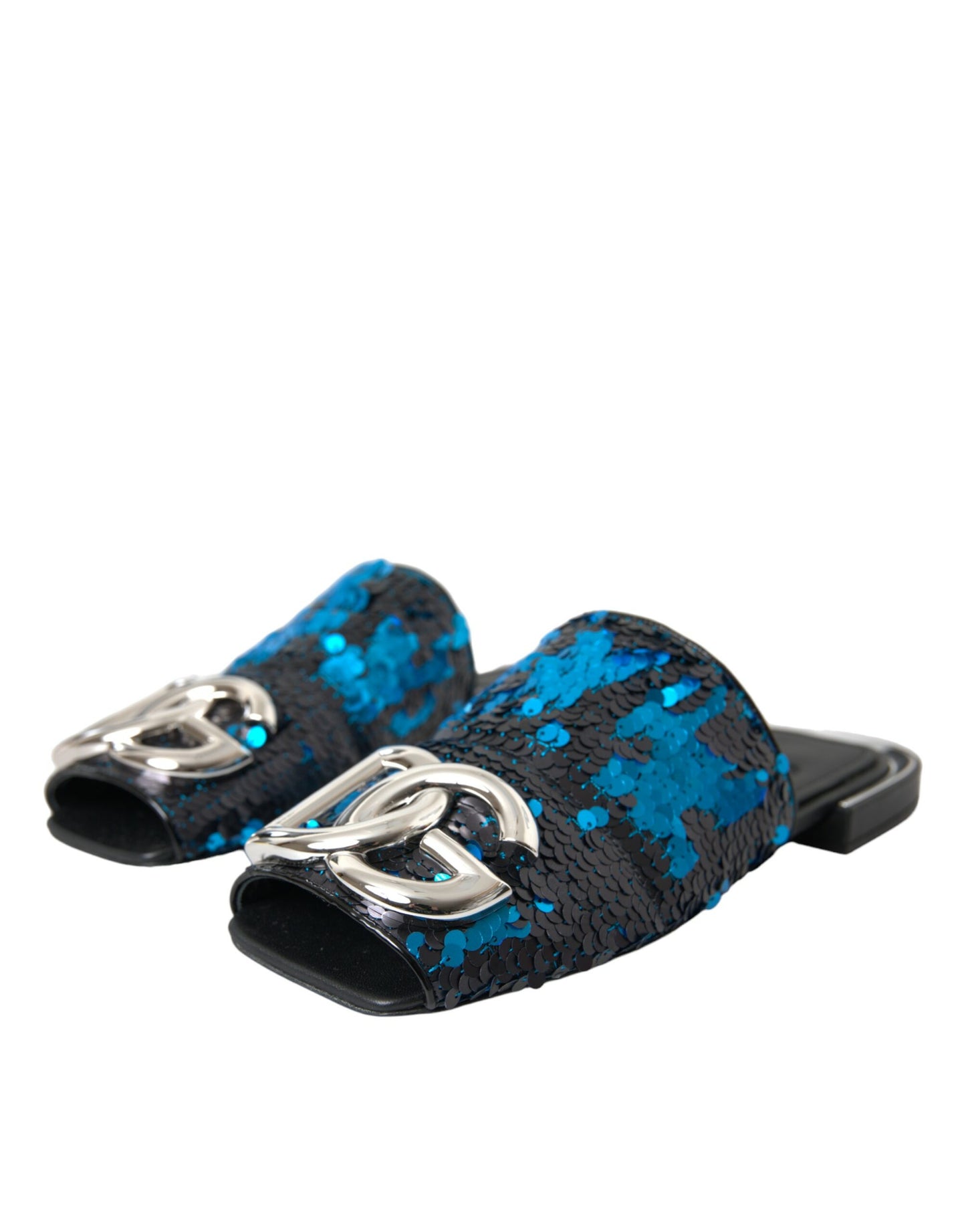 Dolce &amp; Gabbana Blue Sequin Logo Slide Sandals Shoes