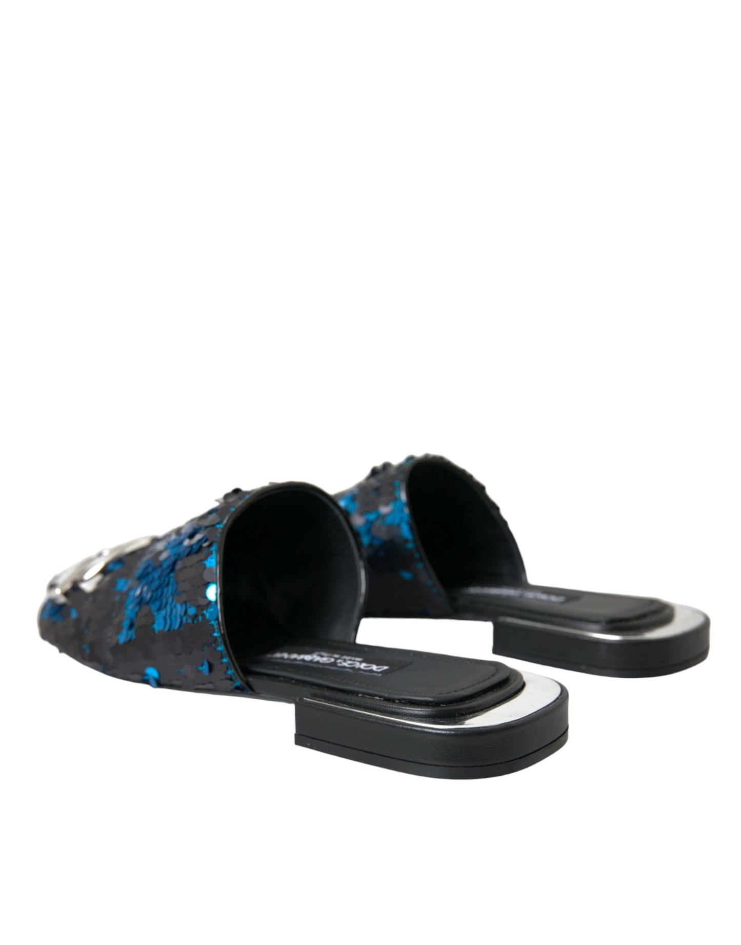 Dolce &amp; Gabbana Blue Sequin Logo Slide Sandals Shoes