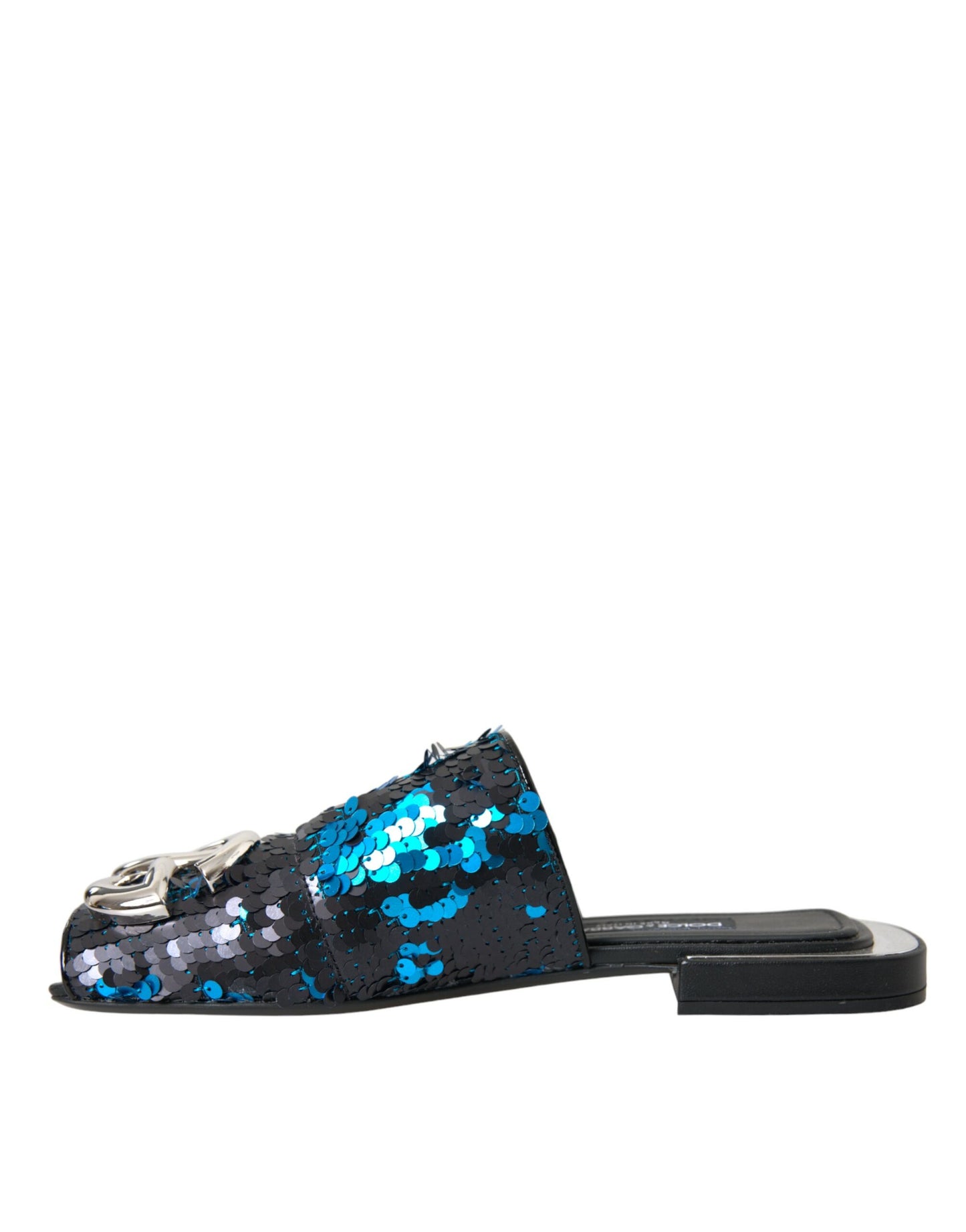 Dolce &amp; Gabbana Blue Sequin Logo Slide Sandals Shoes