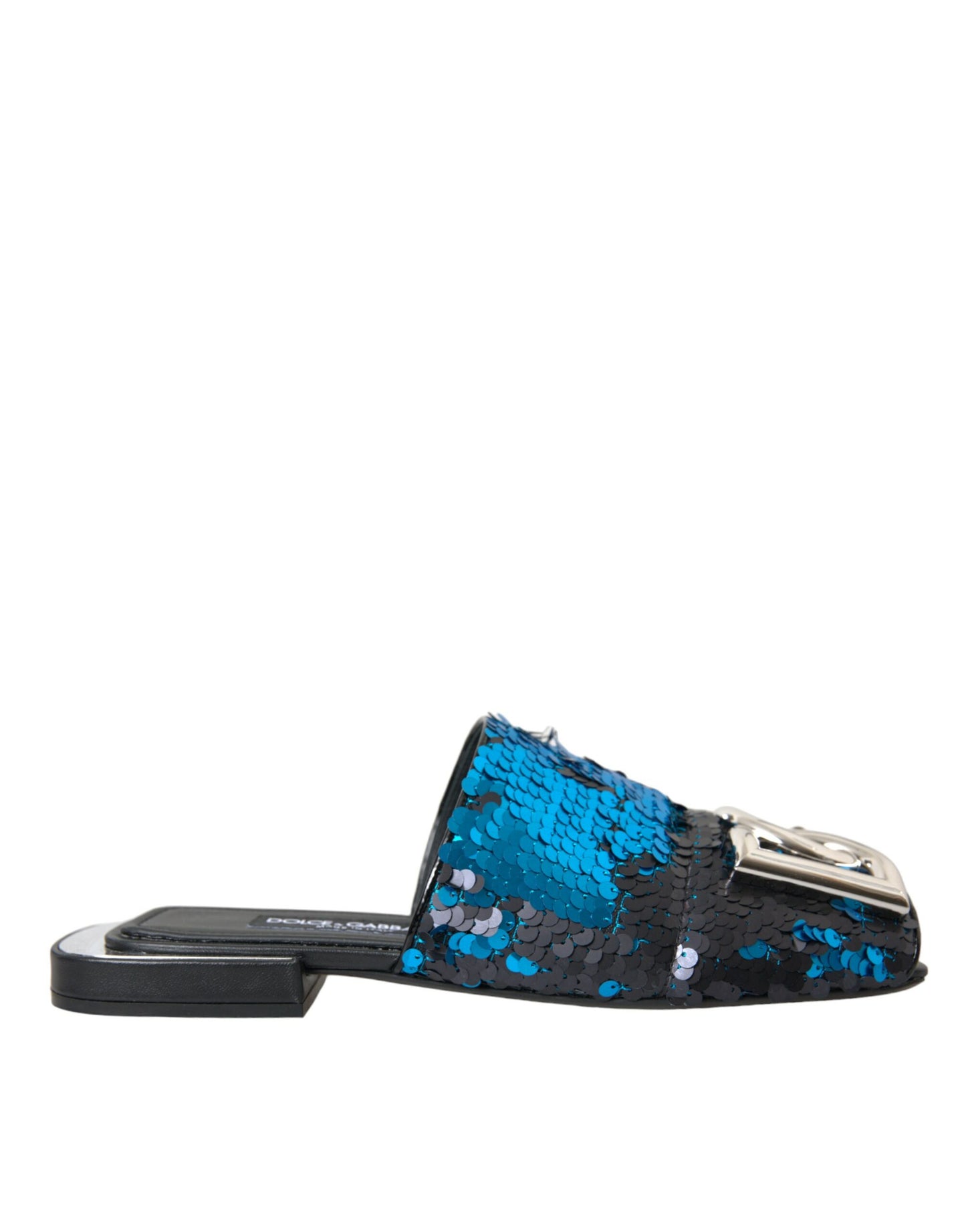 Dolce &amp; Gabbana Blue Sequin Logo Slide Sandals Shoes