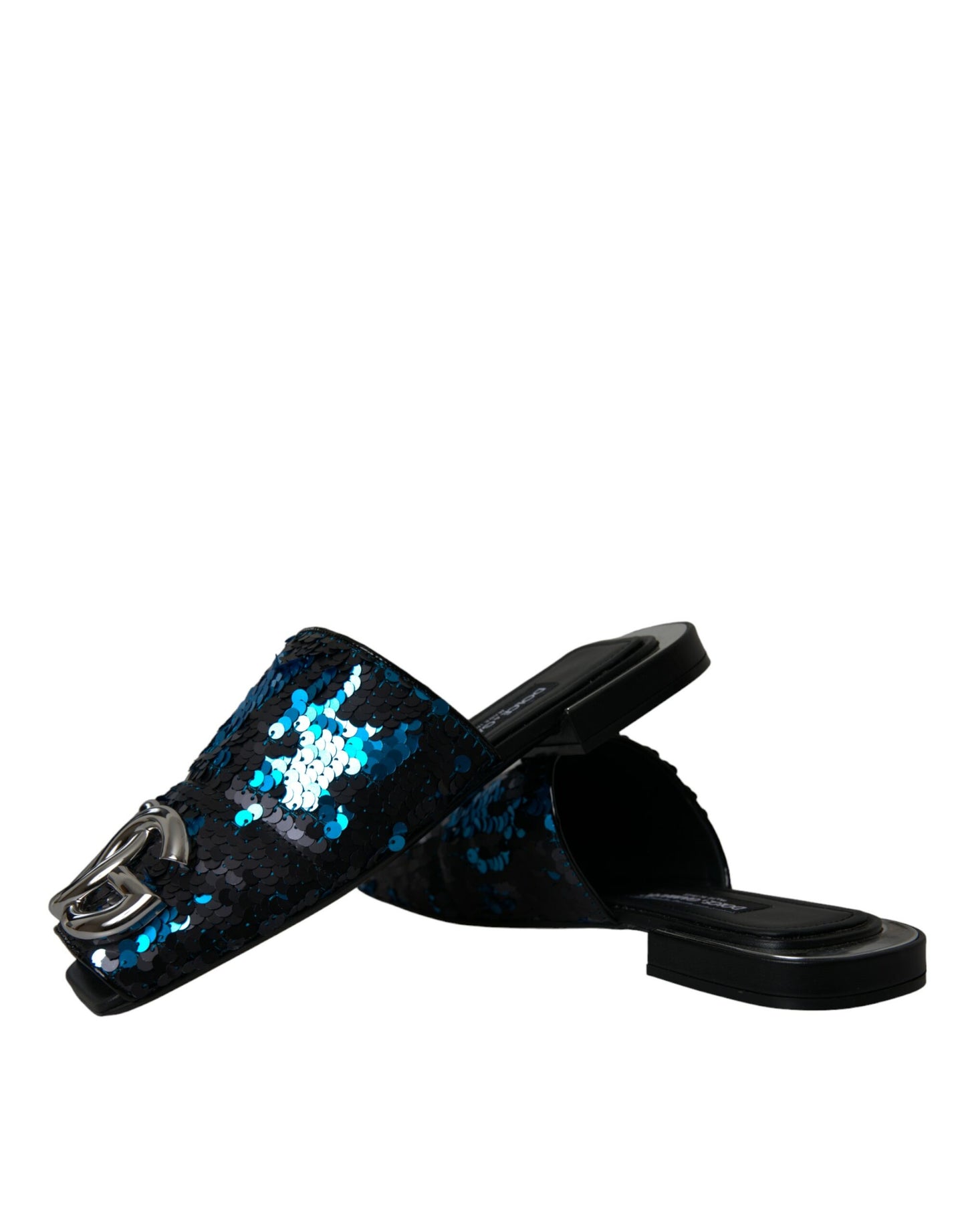 Dolce &amp; Gabbana Blue Sequin Logo Slide Sandals Shoes