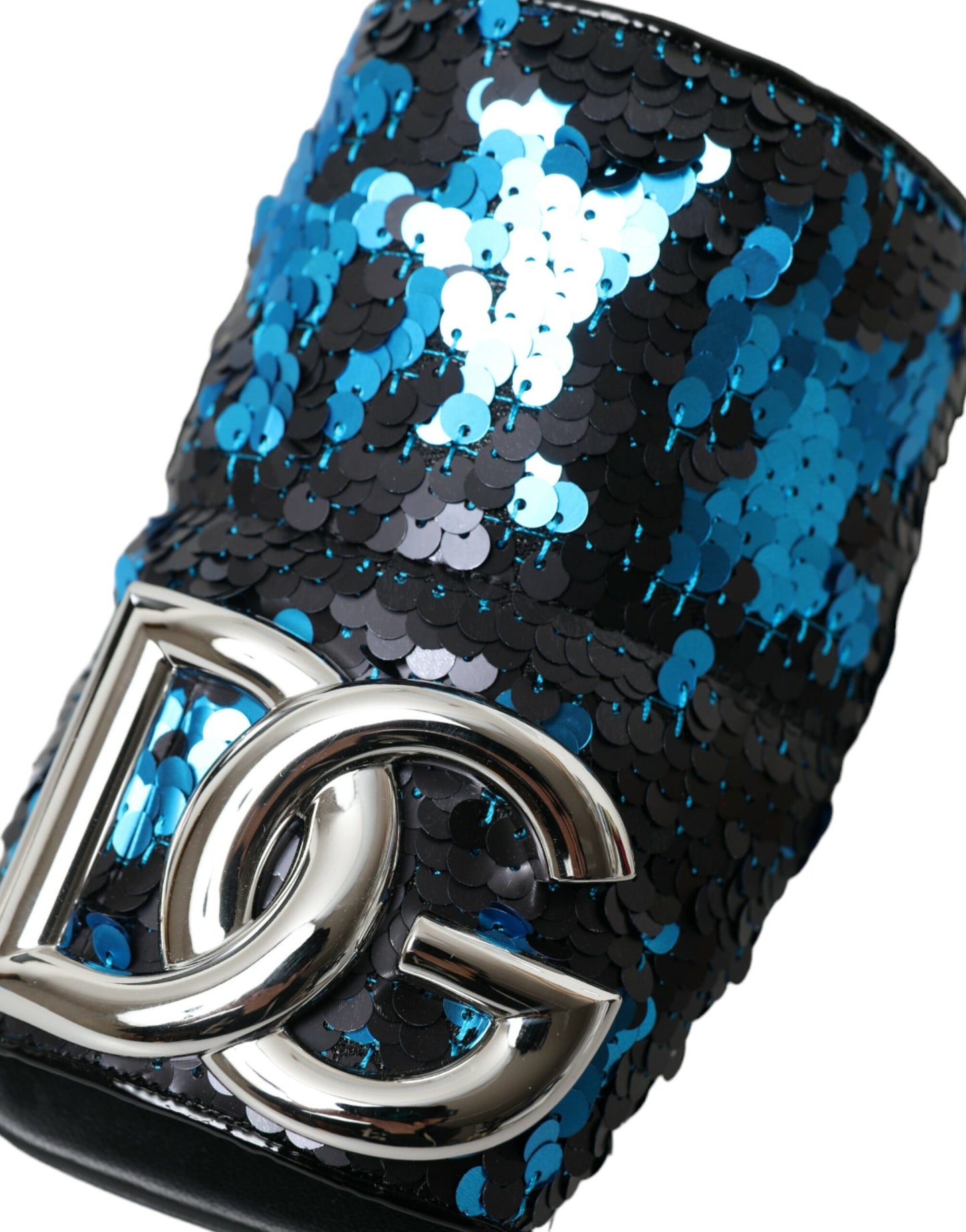 Dolce &amp; Gabbana Blue Sequin Logo Slide Sandals Shoes