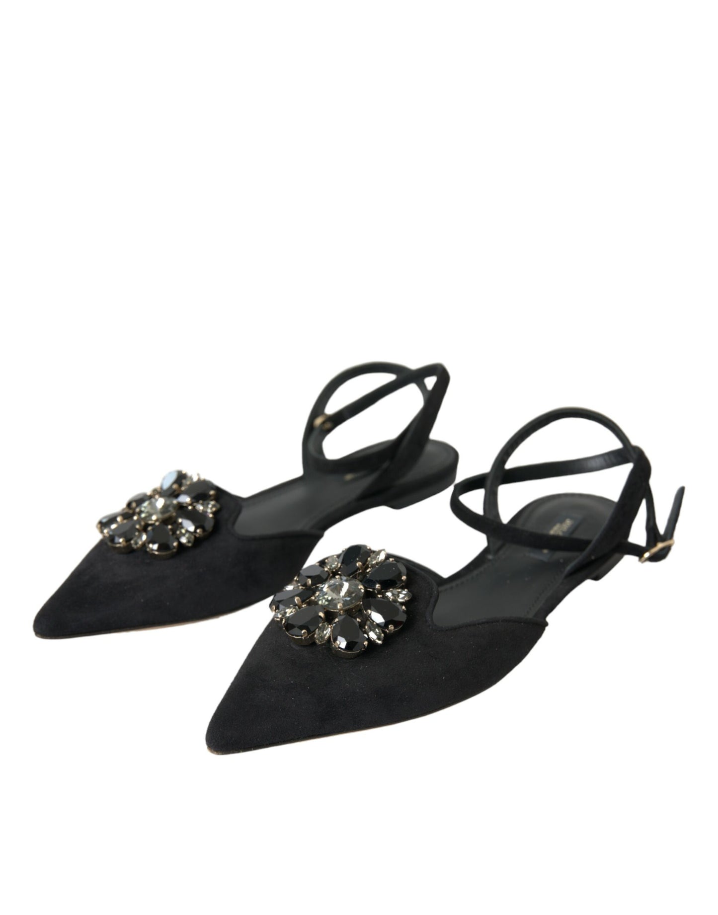 Dolce &amp; Gabbana Black Leather Crystal Slingback Sandals Shoes