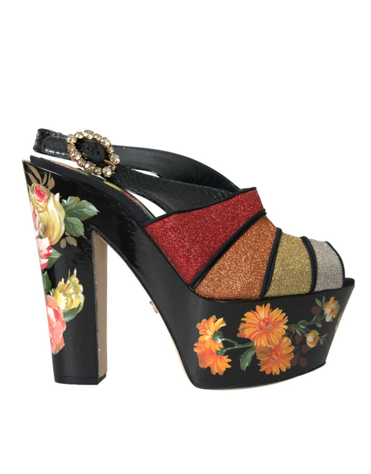 Dolce &amp; Gabbana Multicolor Floral Crystal Platform Sandals Shoes