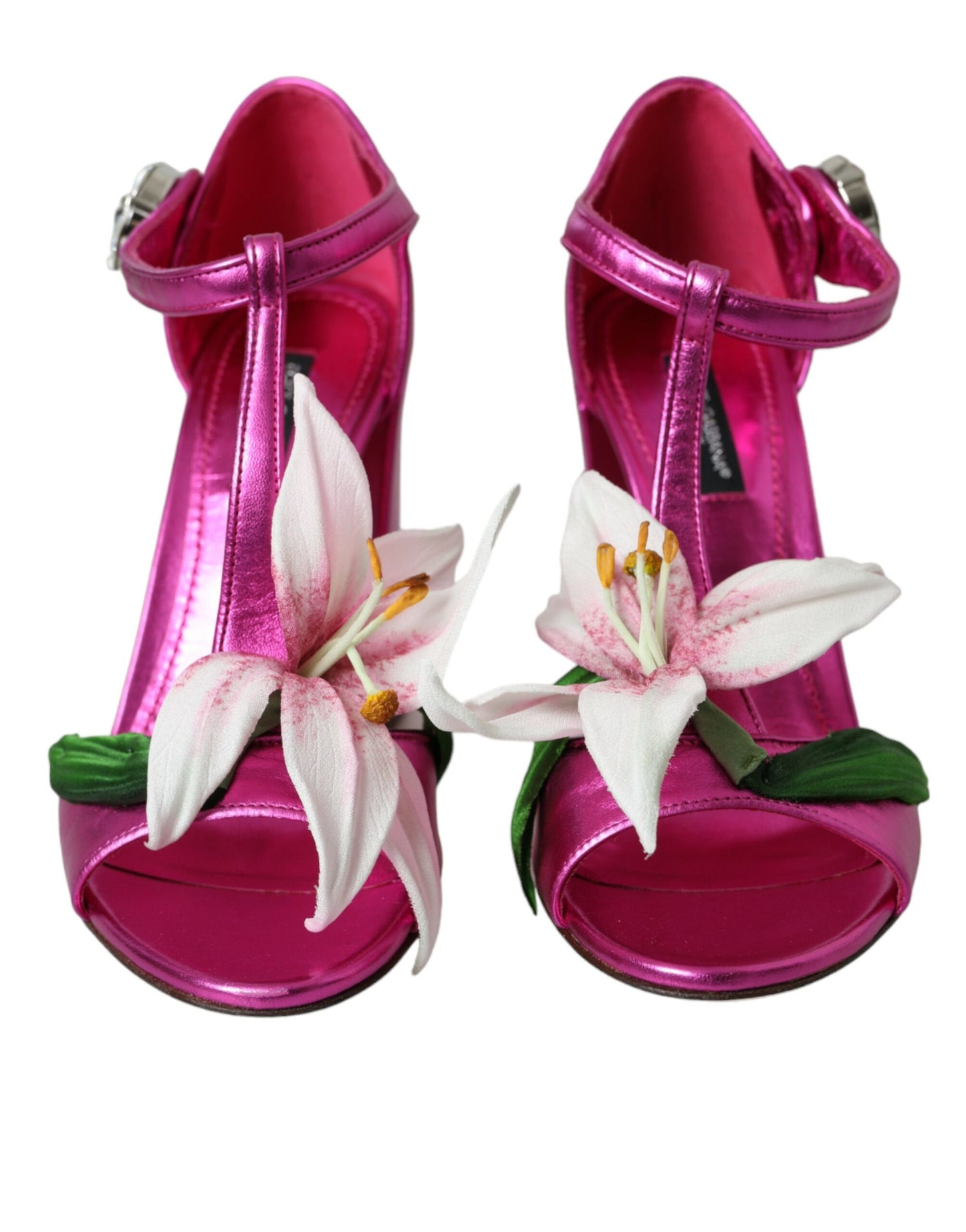 Dolce &amp; Gabbana Pink Leather Crystals Floral Sandals Shoes