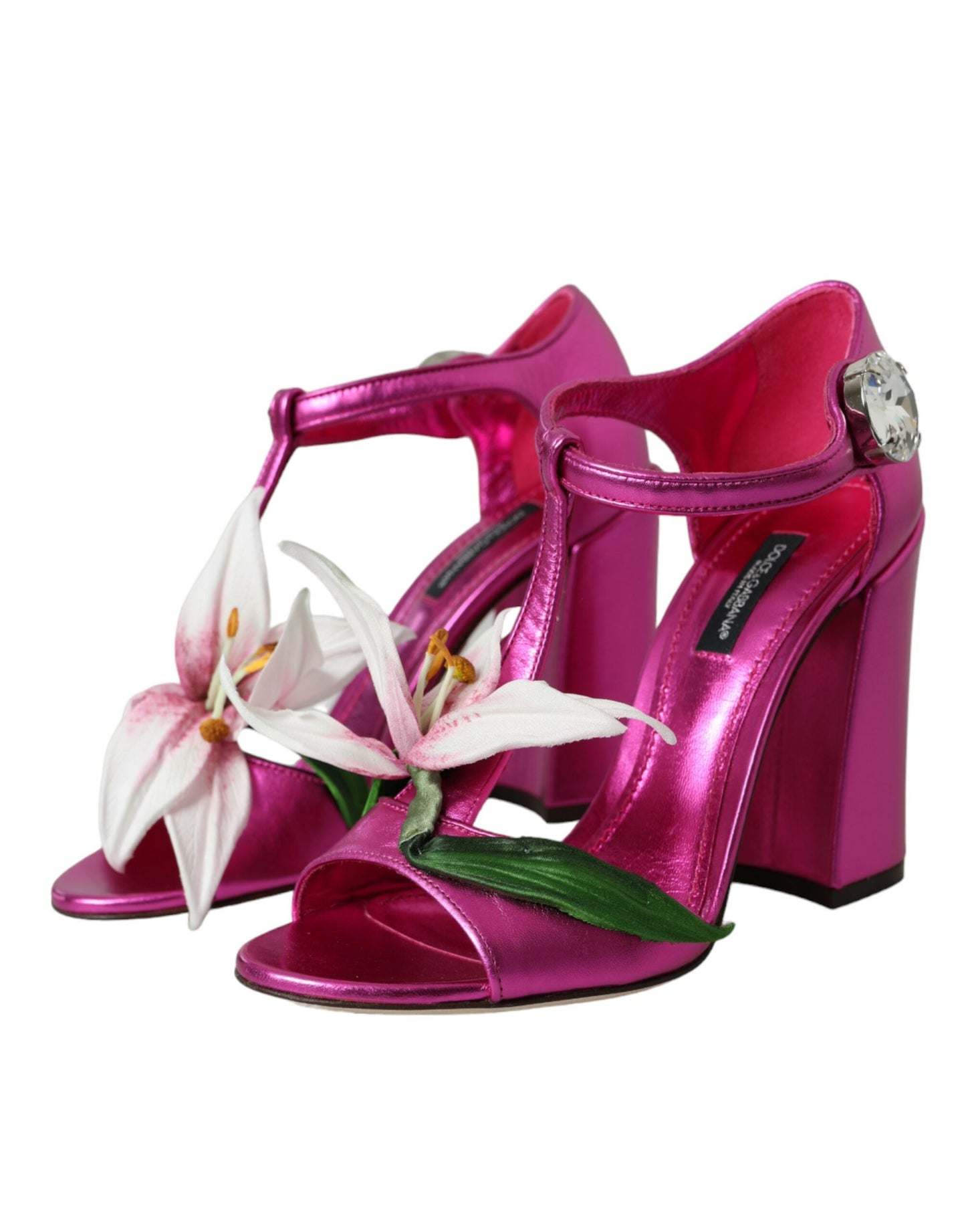 Dolce &amp; Gabbana Pink Leather Crystals Floral Sandals Shoes